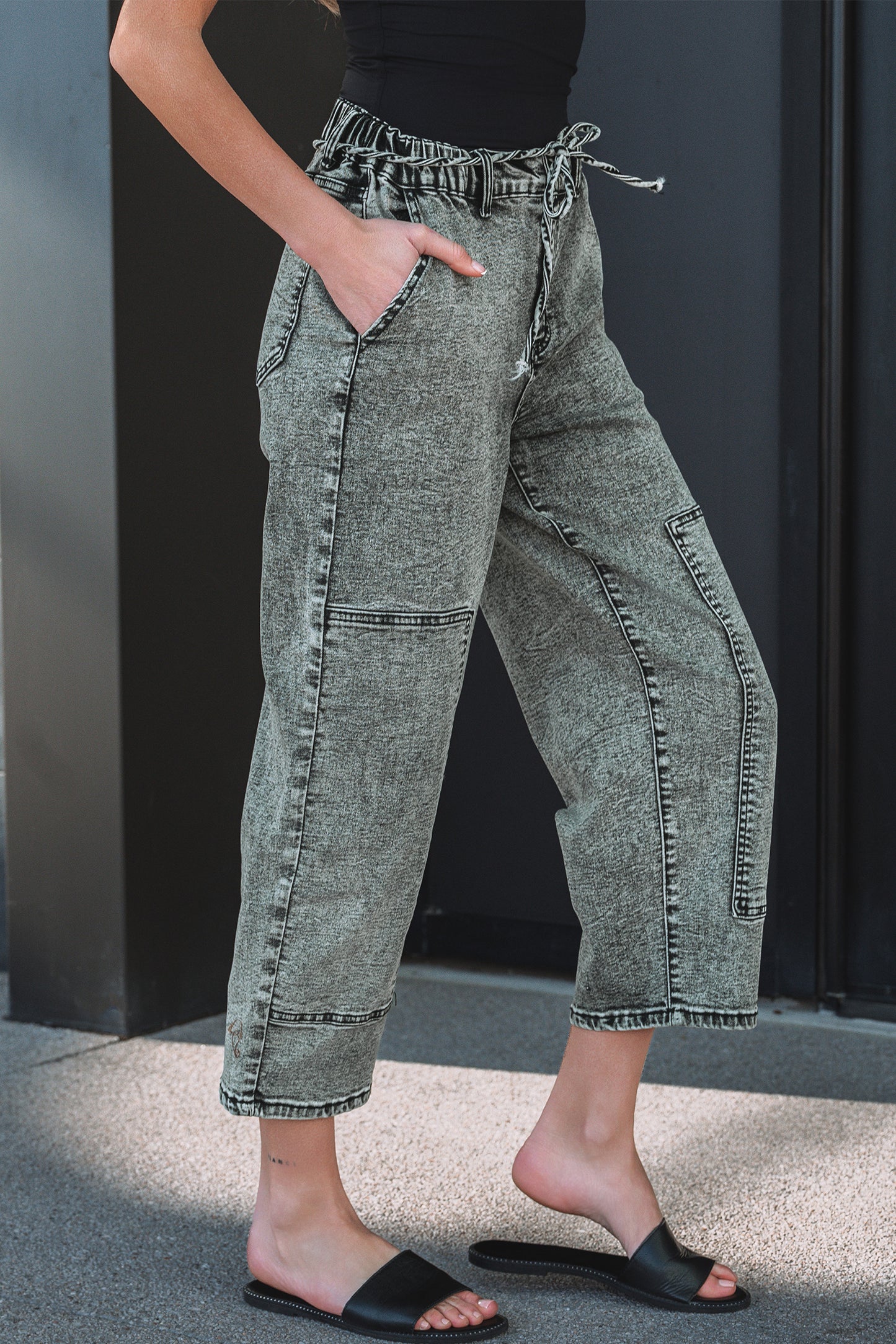Gray Acid Wash Barrel Fit Denim Pants with Waist String-Bottoms/Jeans-[Adult]-[Female]-2022 Online Blue Zone Planet