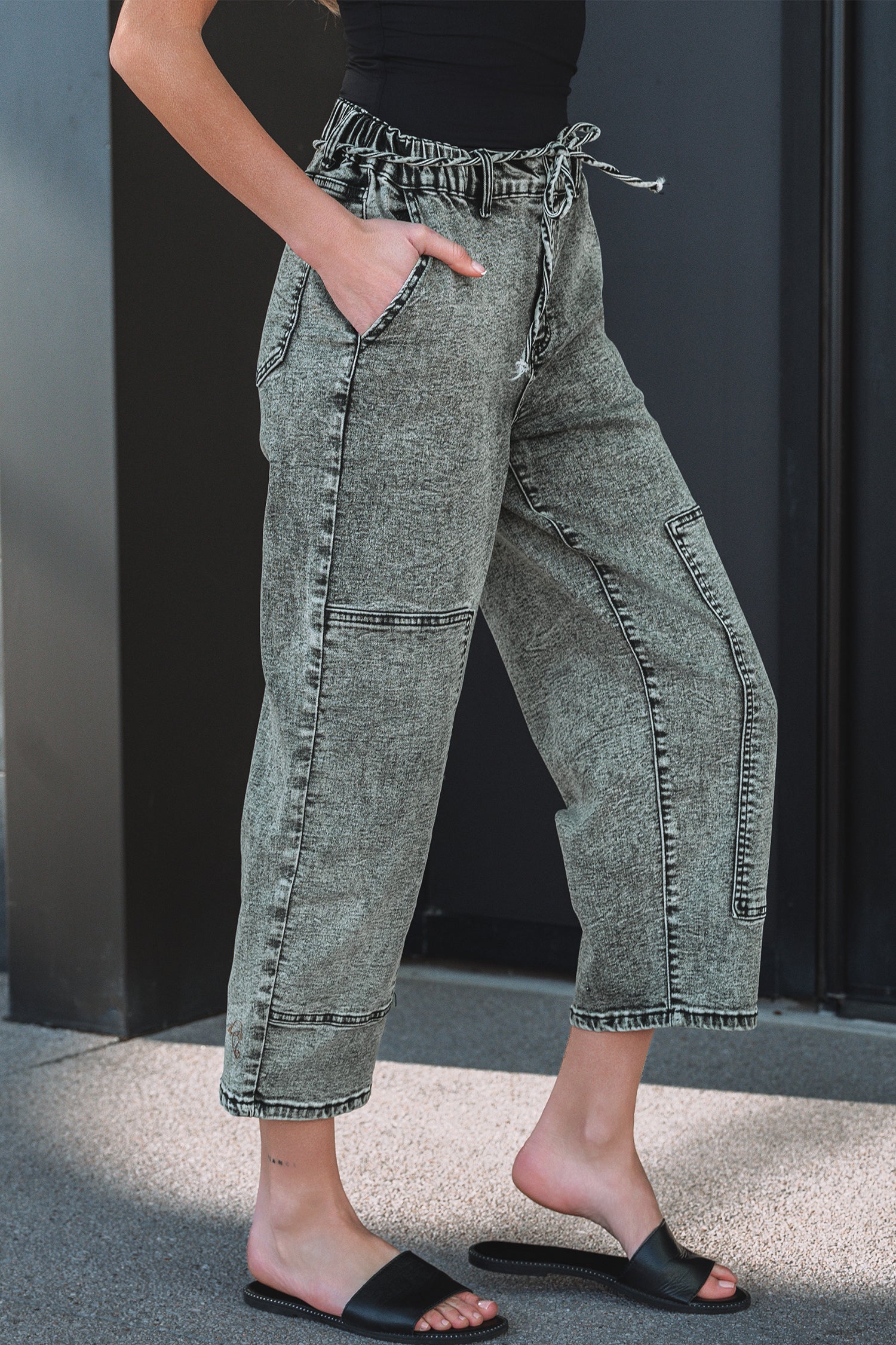 Gray Acid Wash Barrel Fit Denim Pants with Waist String-Bottoms/Jeans-[Adult]-[Female]-2022 Online Blue Zone Planet