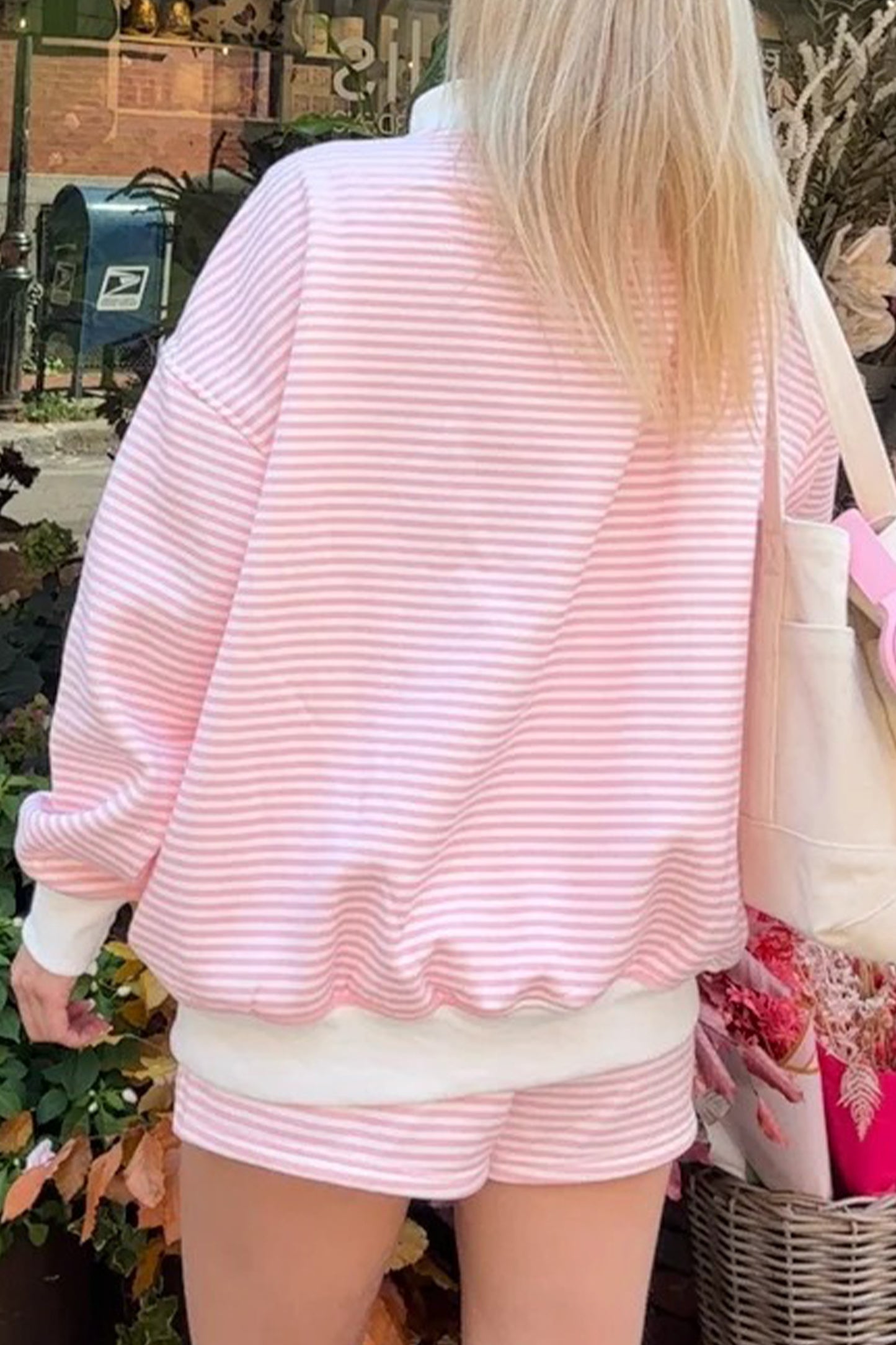 Pink Stripe Oversize Mock Neck Sweatshirt and Shorts Set-Pre Order Two Piece Sets-[Adult]-[Female]-2022 Online Blue Zone Planet