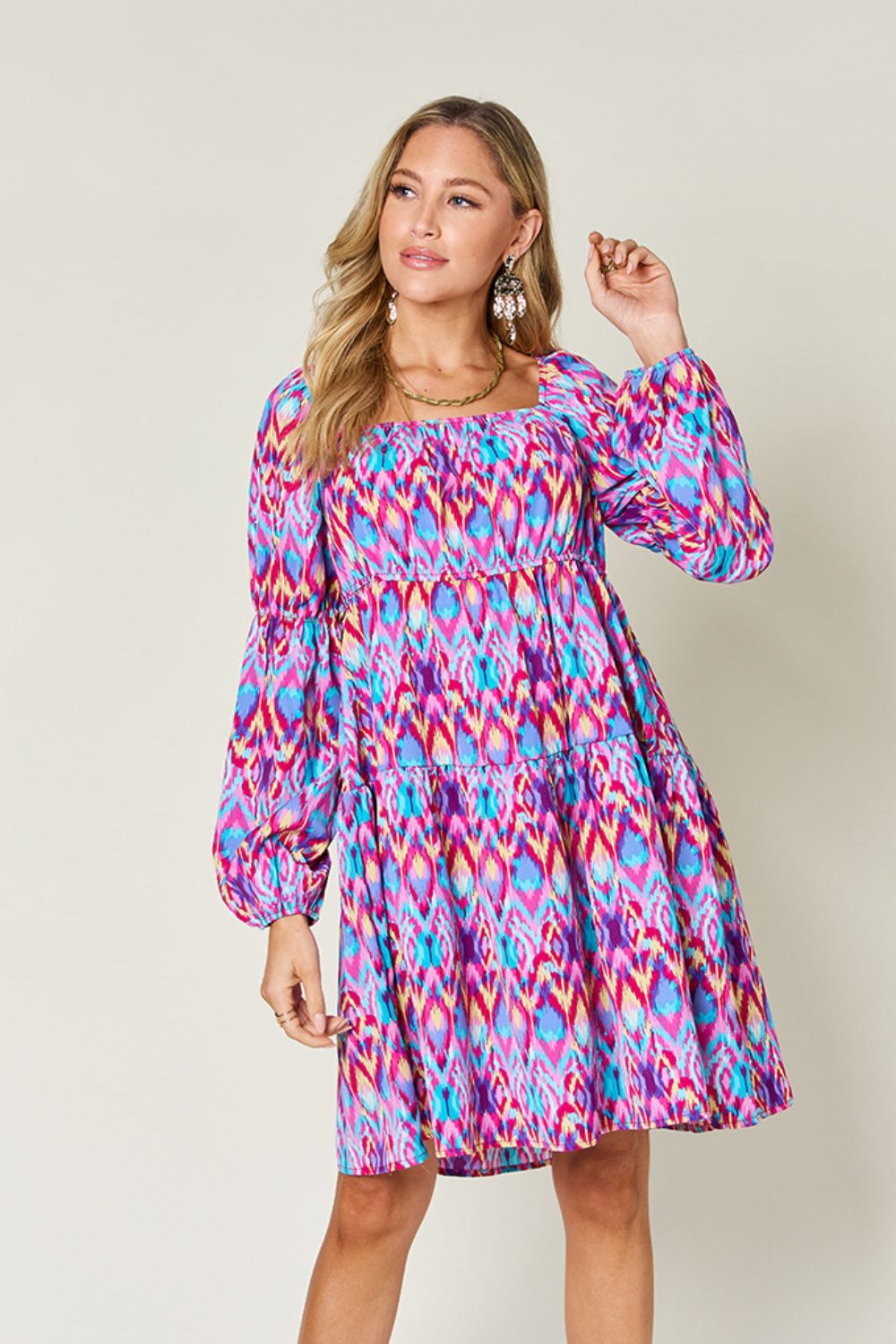 Double Take Full Size Printed Long Sleeve Dress-TOPS / DRESSES-[Adult]-[Female]-2022 Online Blue Zone Planet