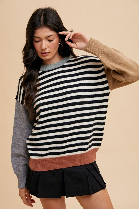 Annie Wear Striped Color Block Round Neck Sweater-TOPS / DRESSES-[Adult]-[Female]-Ivory/Black-S-2022 Online Blue Zone Planet