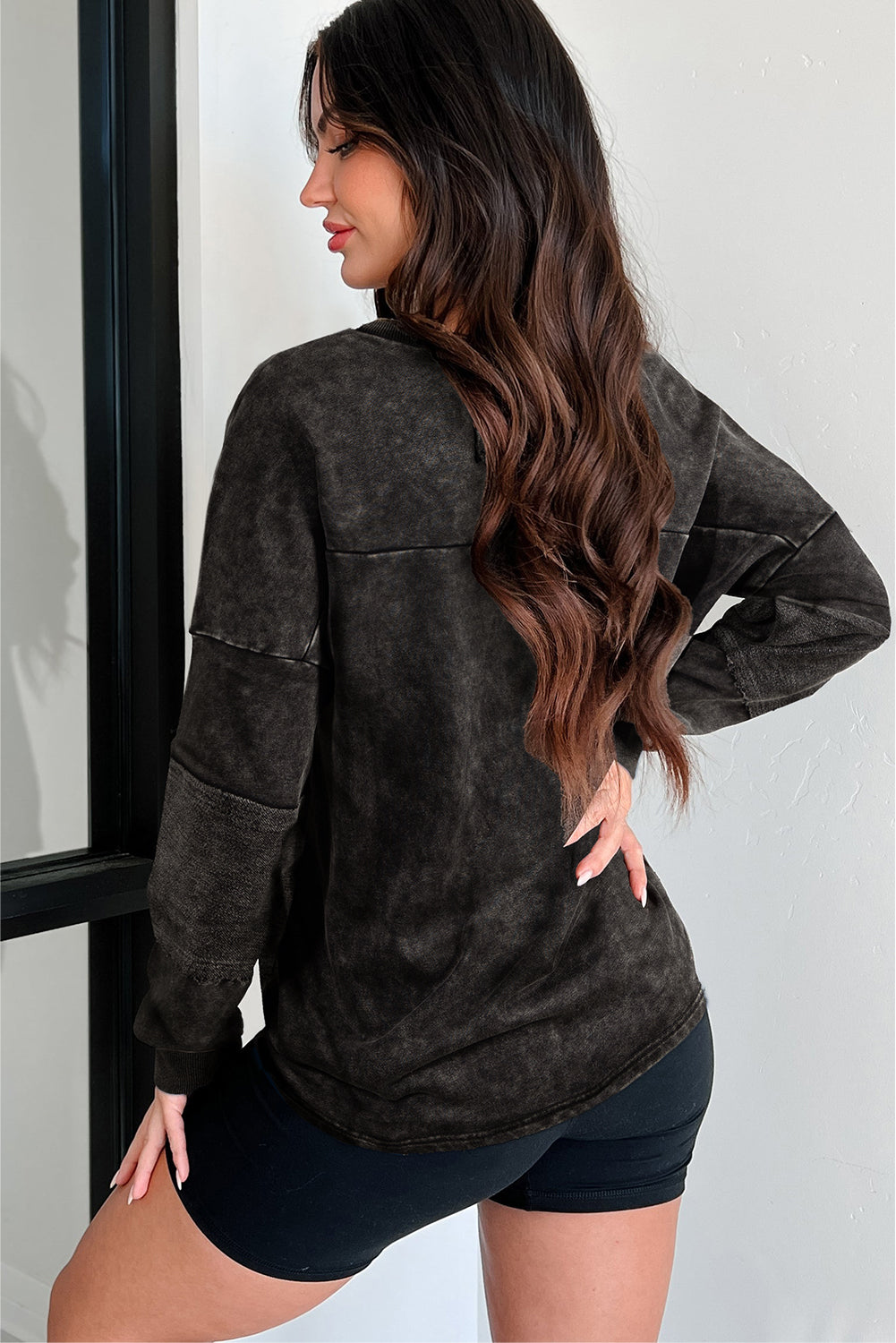 Carbon Grey Mineral Wash Exposed Seam Buttoned V Neck Pullover Top-Tops/Long Sleeve Tops-[Adult]-[Female]-2022 Online Blue Zone Planet