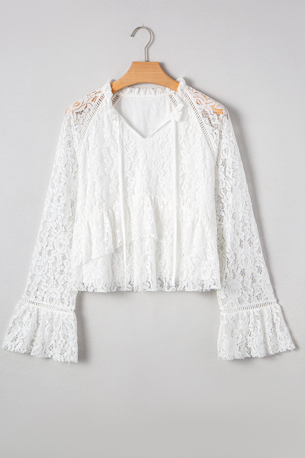 White Tie V Neck Lace Ruffle Detail Long Sleeve Blouse-Tops/Blouses & Shirts-[Adult]-[Female]-2022 Online Blue Zone Planet