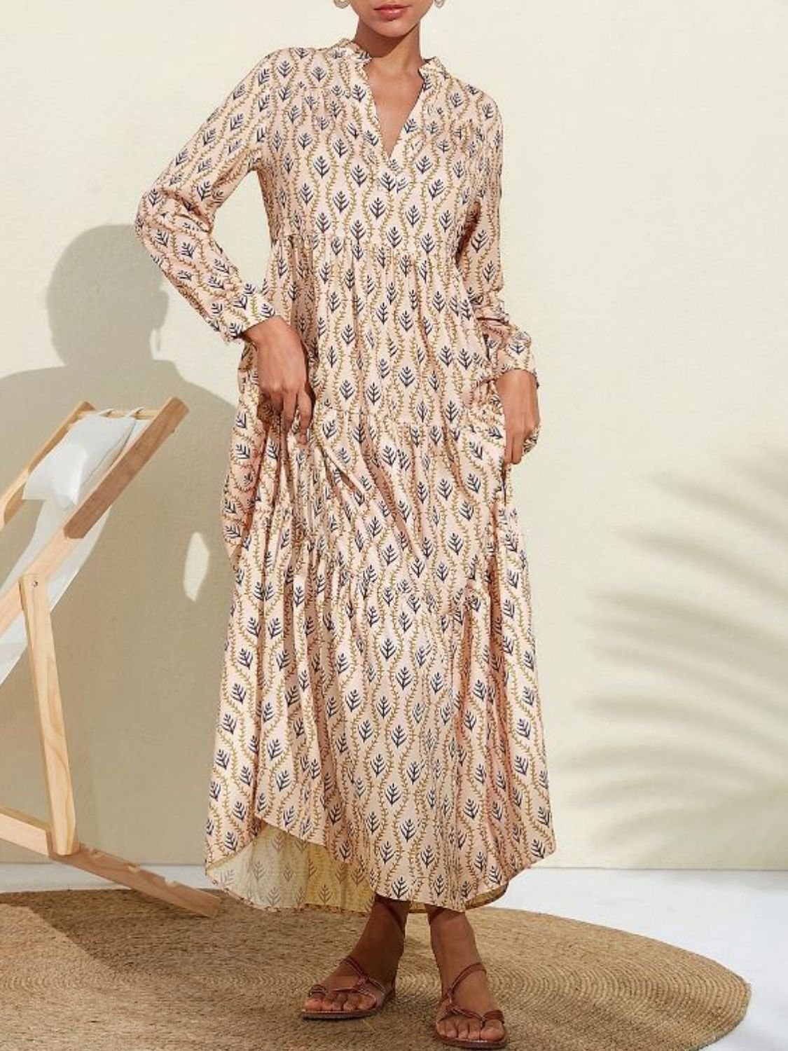 Printed Notched Long Sleeve Midi Dress-TOPS / DRESSES-[Adult]-[Female]-Tan-S-2022 Online Blue Zone Planet