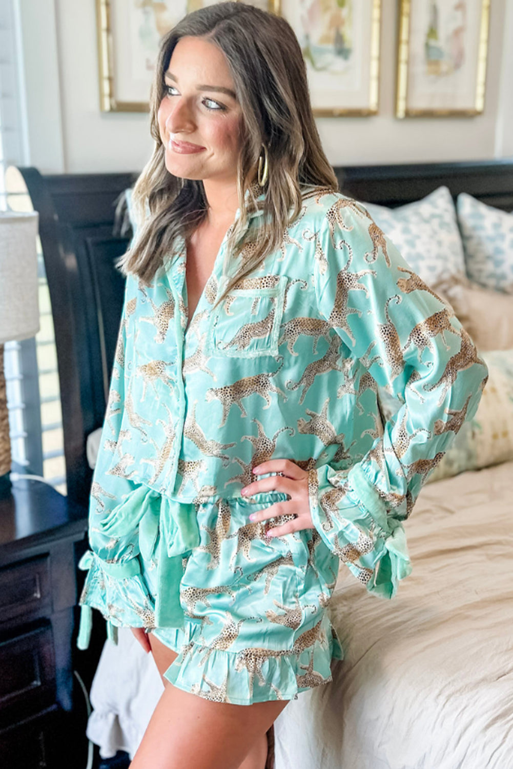 Green Leopard Satin Ruffle Pajama Short Set-Loungewear & Sleepwear/Sleepwear-[Adult]-[Female]-2022 Online Blue Zone Planet