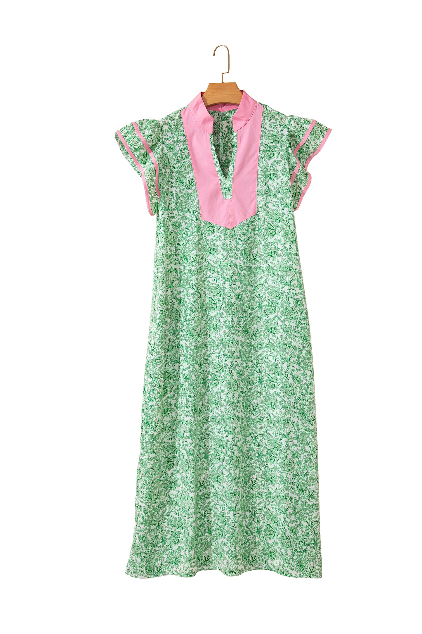 Pink Floral Print Color Block Patchwork V Neck Short Sleeve Midi Dress-TOPS / DRESSES-[Adult]-[Female]-2022 Online Blue Zone Planet