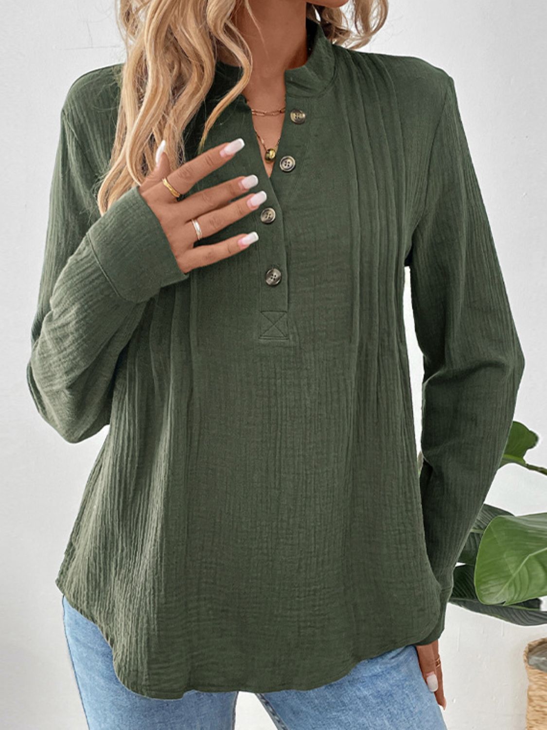 Blue Zone Planet | Perfee Textured Notched Long Sleeve Blouse-TOPS / DRESSES-[Adult]-[Female]-Army Green-S-2022 Online Blue Zone Planet