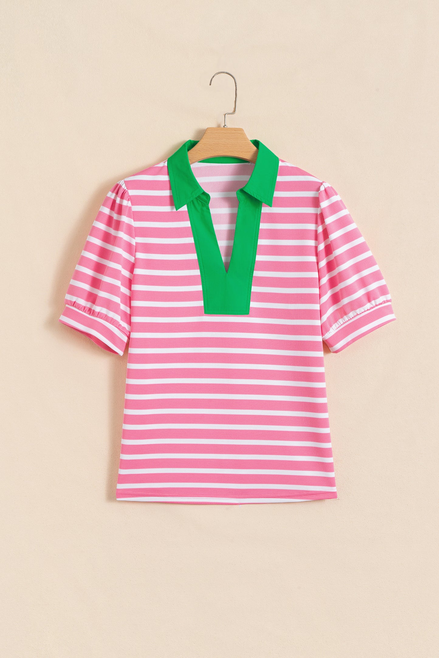 Pink Stripe Short Puff Sleeve Color Block Polo Collar Blouse-Tops/Blouses & Shirts-[Adult]-[Female]-2022 Online Blue Zone Planet