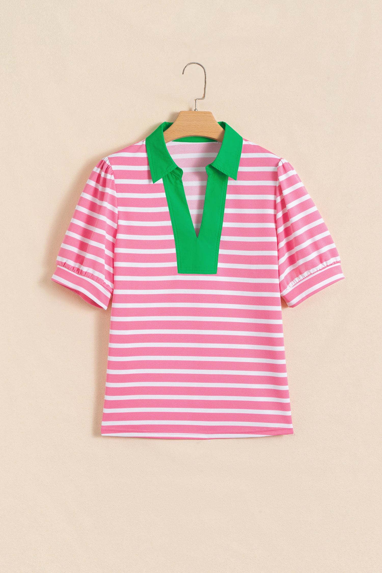 Pink Stripe Short Puff Sleeve Color Block Polo Collar Blouse-Tops/Blouses & Shirts-[Adult]-[Female]-2022 Online Blue Zone Planet