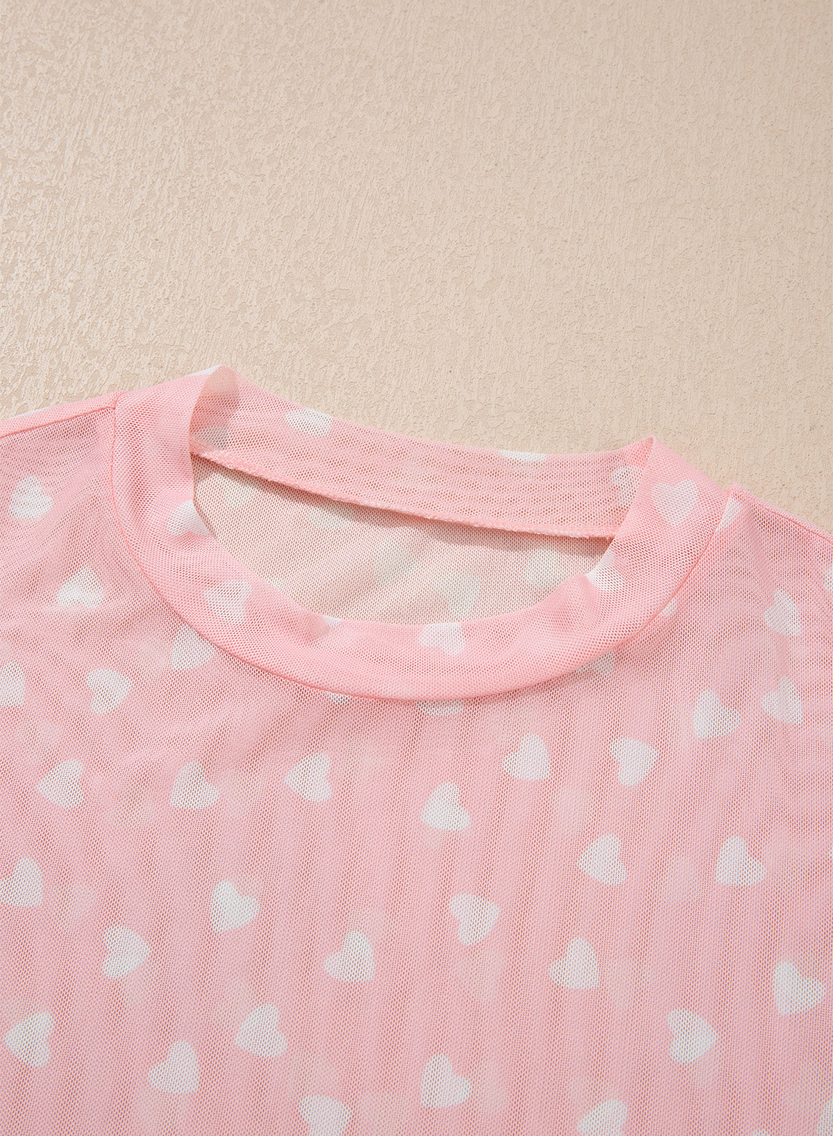 Pink Allover Heart Print Mesh Short Sleeve Top-Tops/Tops & Tees-[Adult]-[Female]-2022 Online Blue Zone Planet