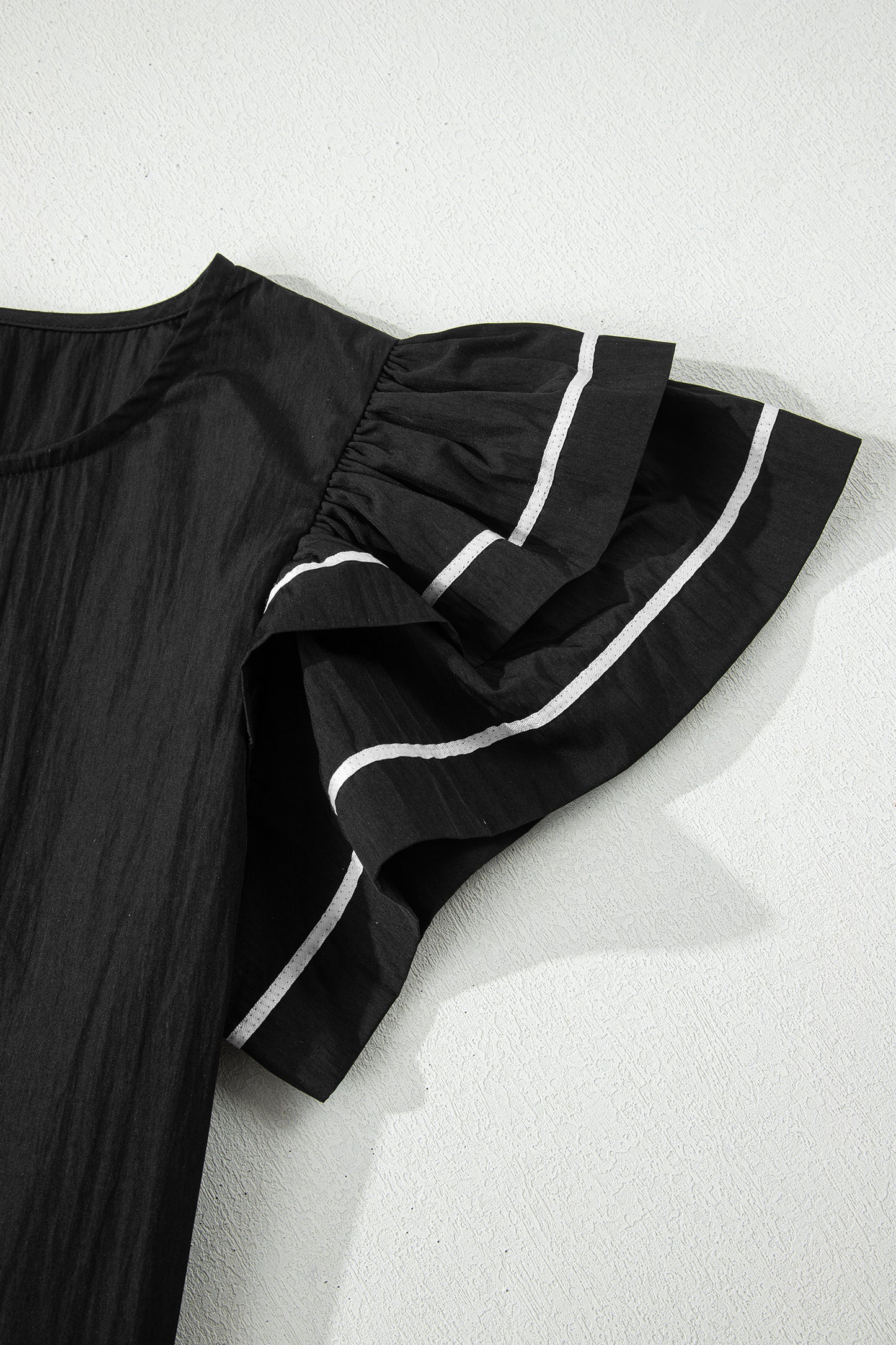 Black Contrast Trim Dual Ruffle Short Sleeve Textured Blouse-Tops/Blouses & Shirts-[Adult]-[Female]-2022 Online Blue Zone Planet
