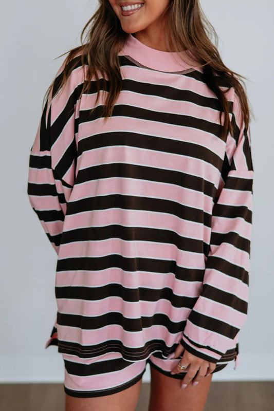 Pink Stripe Oversized Long Sleeve Top Elastic Waist Shorts Casual 2pcs Set-Two Piece Sets/Short Sets-[Adult]-[Female]-Pink Stripe-S-2022 Online Blue Zone Planet