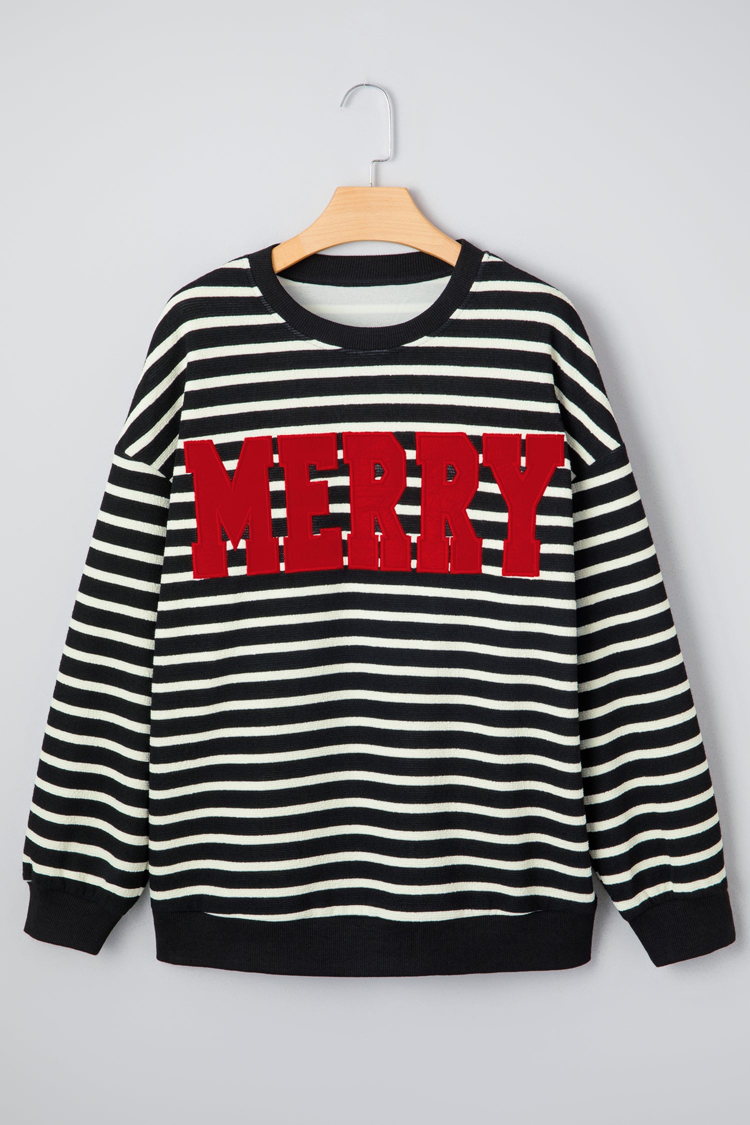 Black Stripe Contrast MERRY Letter Christmas Print Drop Shoulder Sweatshirt-Tops/Sweatshirts & Hoodies-[Adult]-[Female]-2022 Online Blue Zone Planet