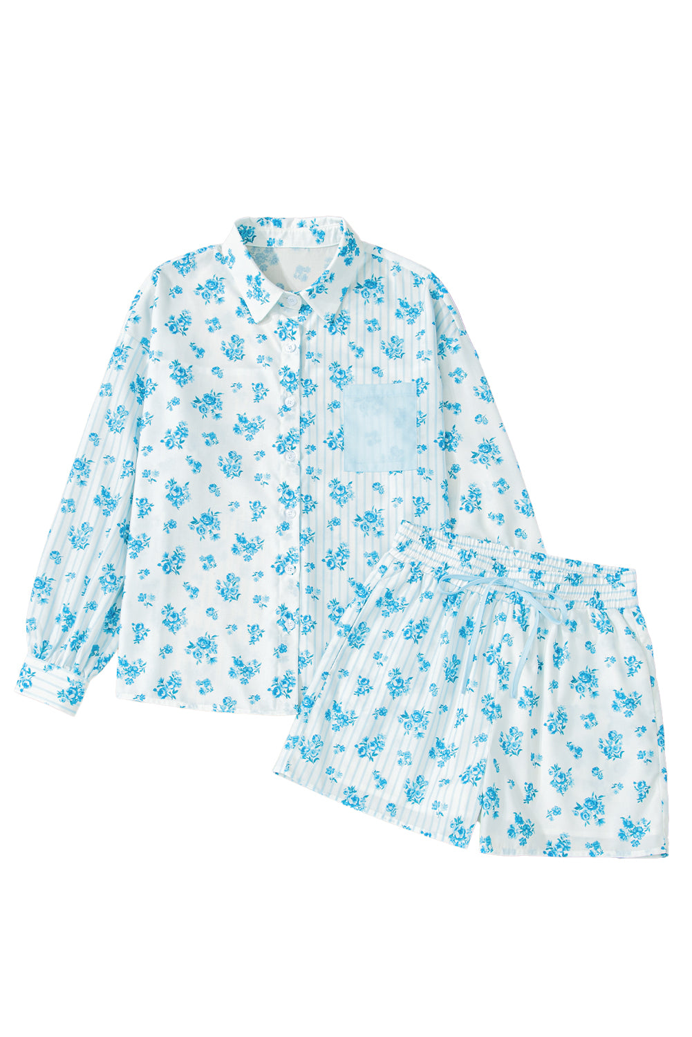 Sky Blue Floral Striped Print Contrast Patched Pocket Shirt and Shorts Set-Two Piece Sets/Short Sets-[Adult]-[Female]-2022 Online Blue Zone Planet