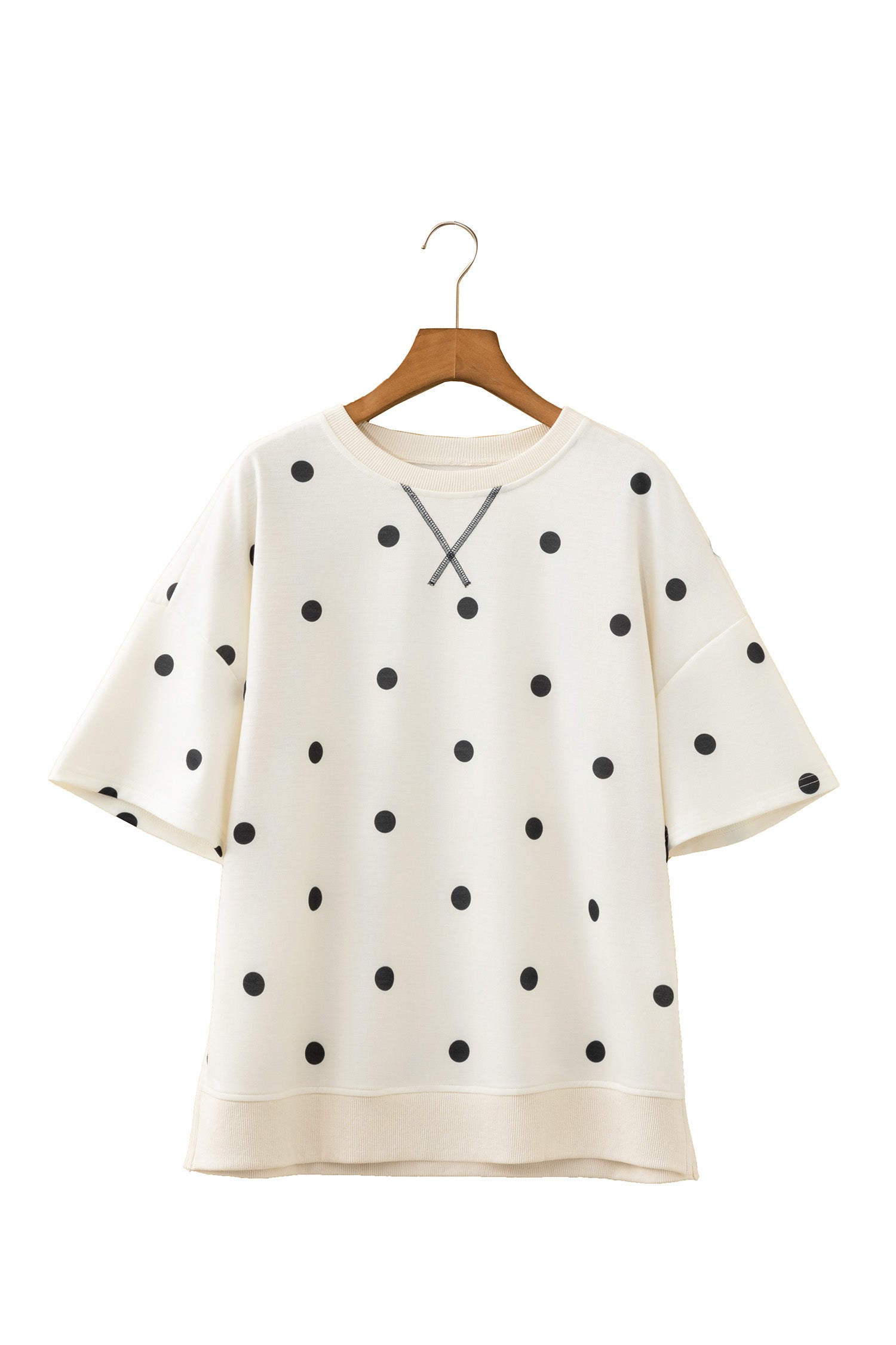 Beige Polka Dot Print Crossed Seam Detail Oversize Tee-Tops/Tops & Tees-[Adult]-[Female]-2022 Online Blue Zone Planet
