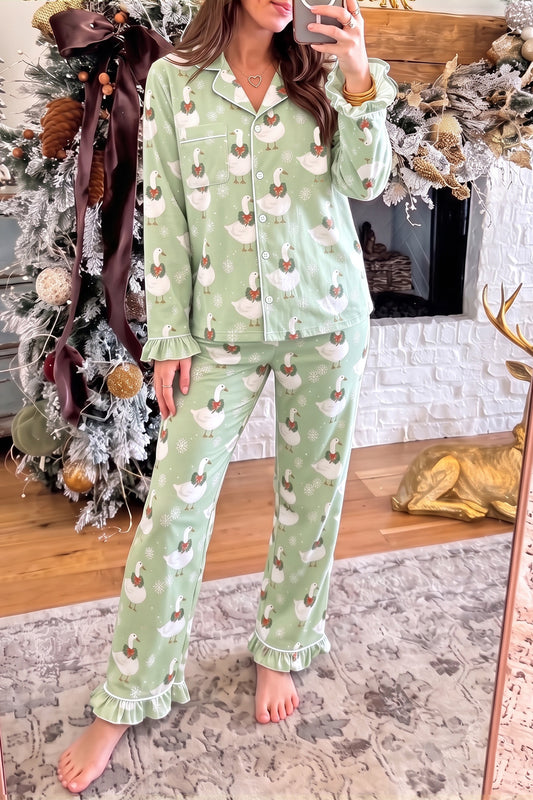 Green Snowflake Goose Print Ruffle Trim Long Sleeve Shirt Style Pajama Pants Set-Loungewear & Sleepwear/Loungewear-[Adult]-[Female]-Green-S-2022 Online Blue Zone Planet