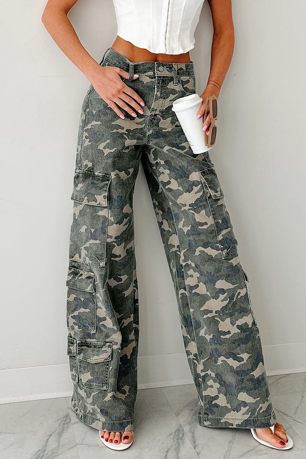 Green Camo Cargo Wide Leg Pants-Bottoms/Jeans-[Adult]-[Female]-Green-4-2022 Online Blue Zone Planet