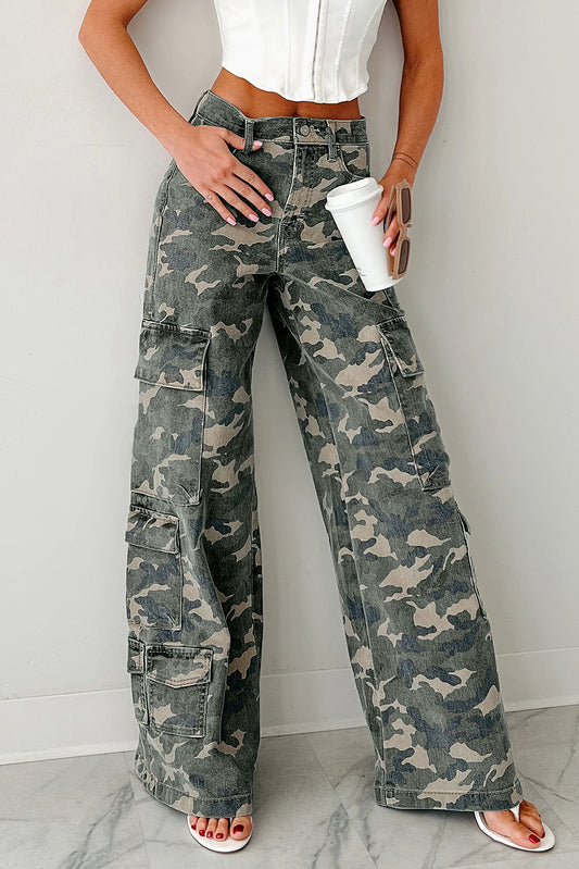 Green Camo Cargo Wide Leg Pants-Bottoms/Jeans-[Adult]-[Female]-Green-4-2022 Online Blue Zone Planet