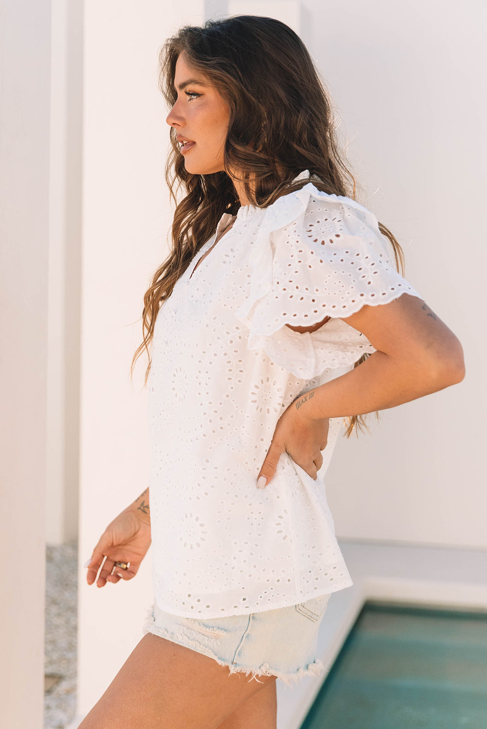 White Broderie Anglaise Ruffle Short Sleeve Blouse-Tops/Blouses & Shirts-[Adult]-[Female]-2022 Online Blue Zone Planet