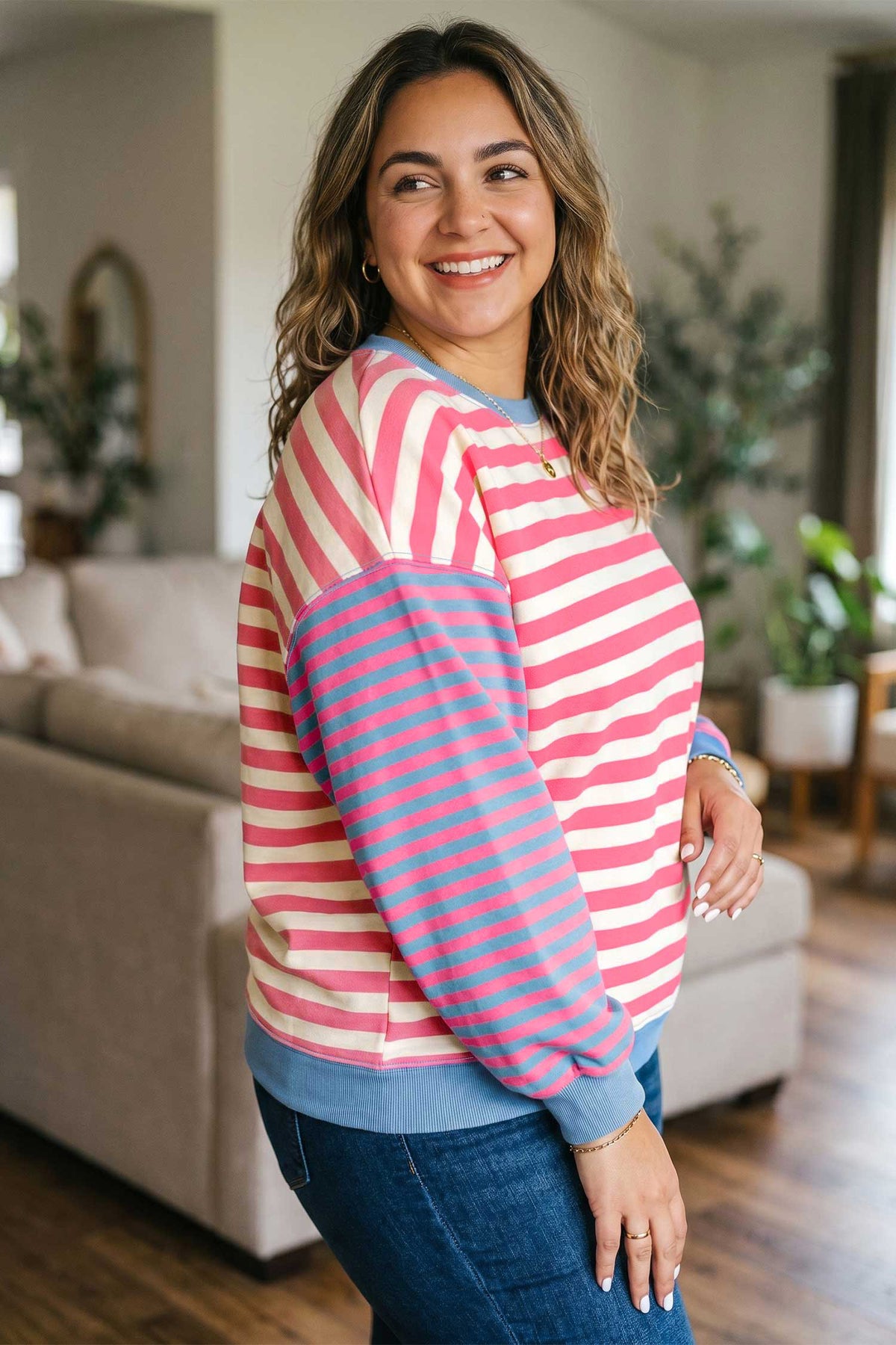 Pink Stripe Colorblock Striped Crewneck Long Sleeve Shift Tunic Plus Size Sweatshirt