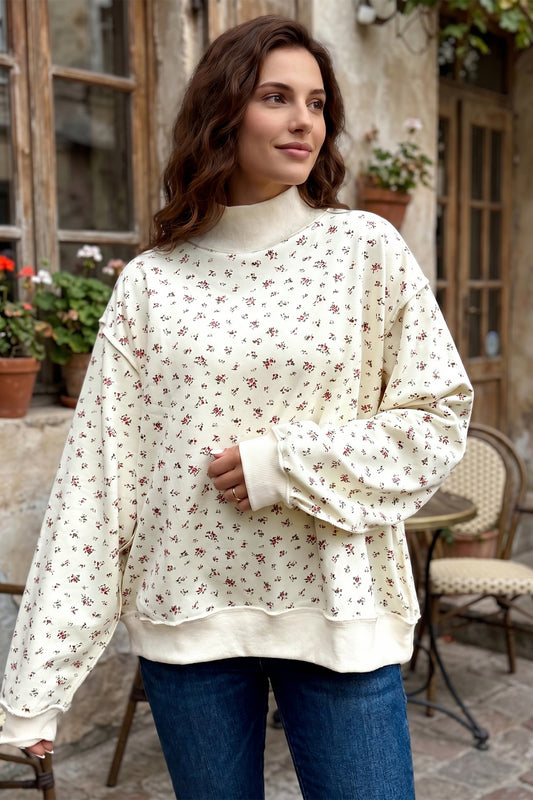 Beige Ribbed High Neck Patchwork Floral Print Baggy Pullover Sweatshirt-Tops/Sweatshirts & Hoodies-[Adult]-[Female]-Beige-S-2022 Online Blue Zone Planet