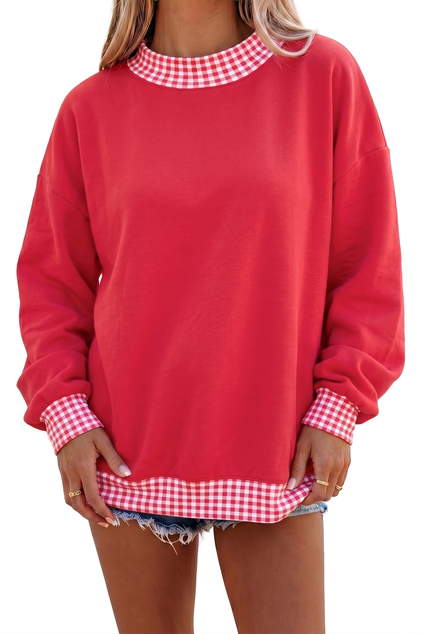 Fiery Red Colorblock Polka Dot Contrast Trim Oversized Sweatshirt-Tops/Sweatshirts & Hoodies-[Adult]-[Female]-2022 Online Blue Zone Planet