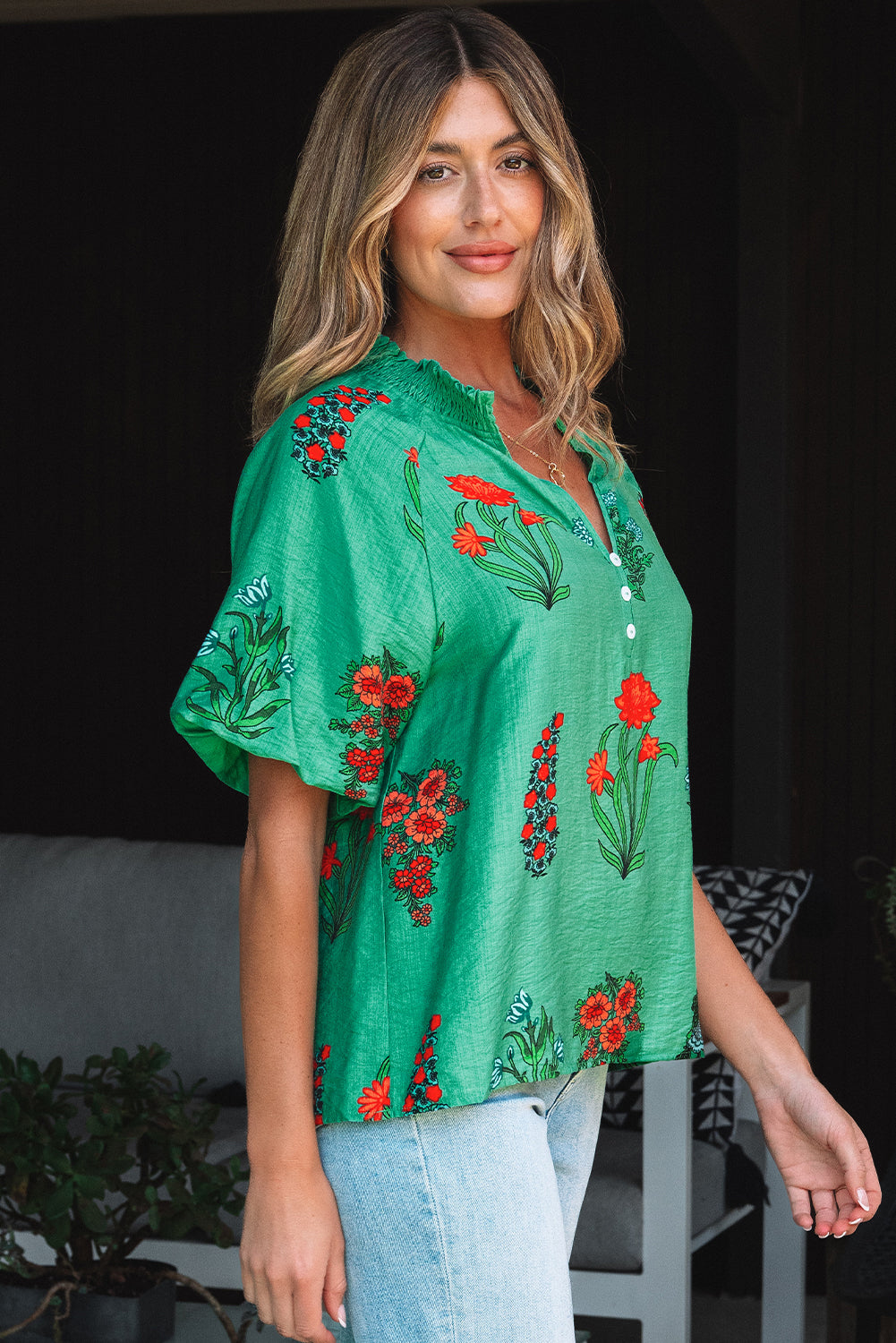 Bright Green Floral Print Buttoned V Neck Short Sleeve Blouse-Tops/Blouses & Shirts-[Adult]-[Female]-2022 Online Blue Zone Planet