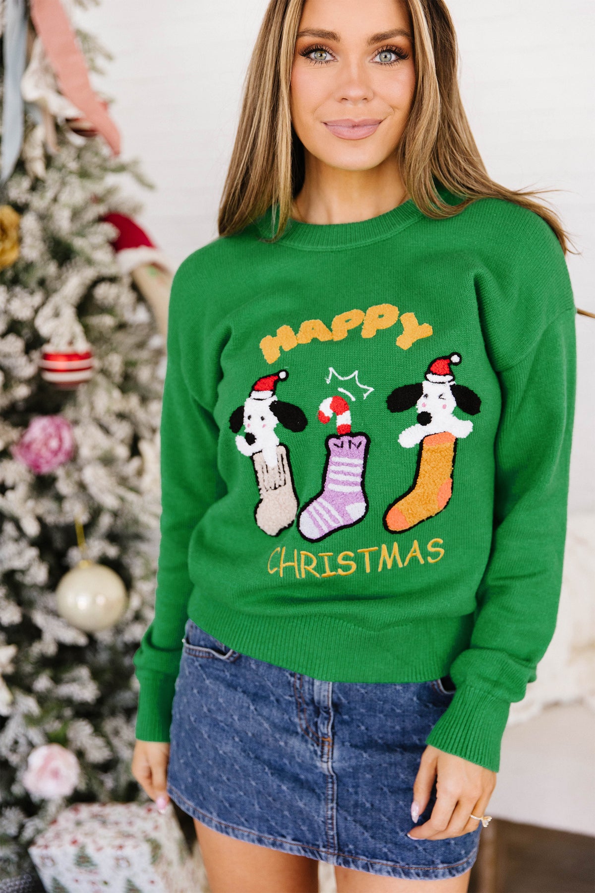 Dark Green Abstract Patch Embroidery Christmas Pullover Sweater