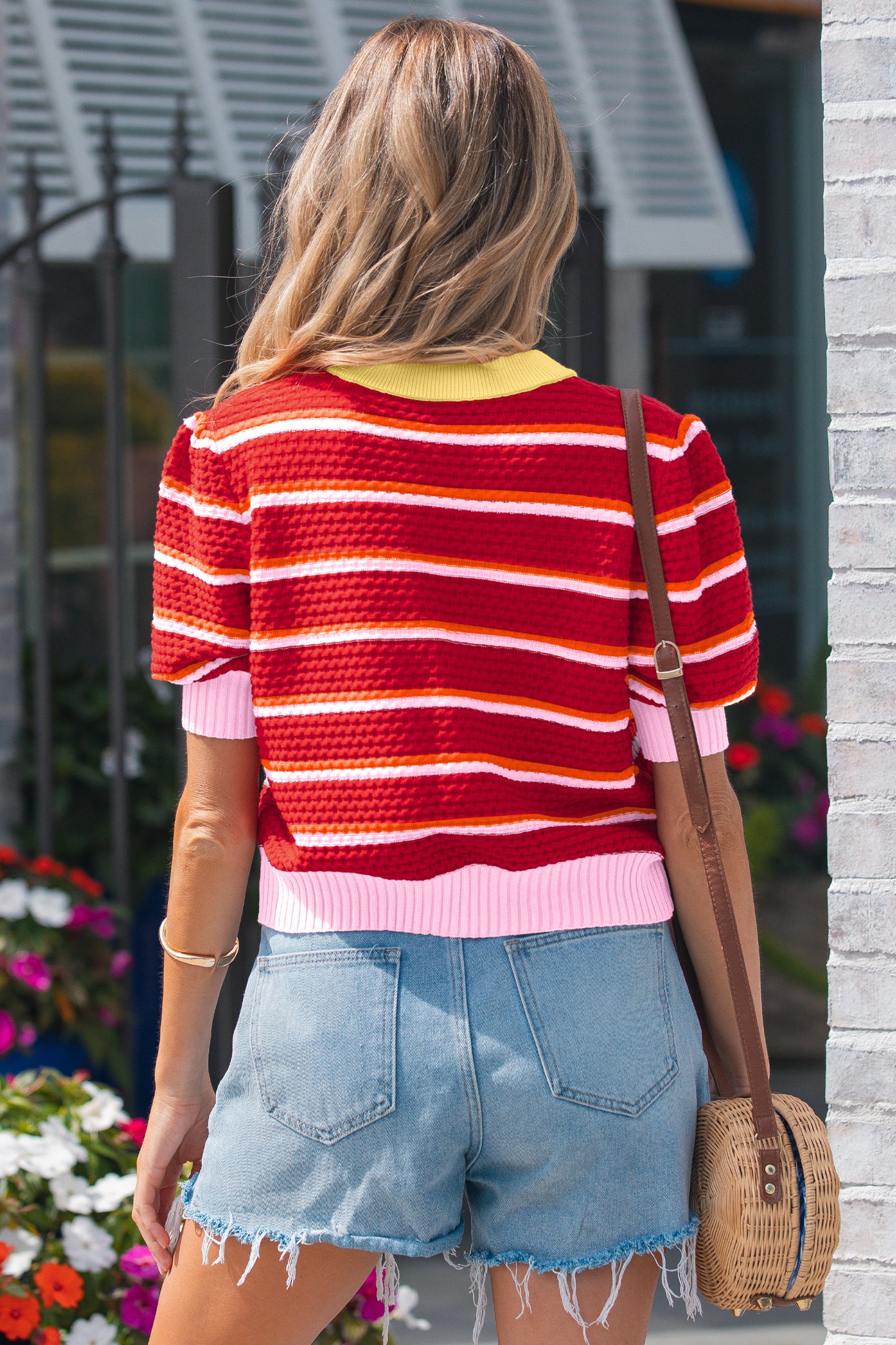 Red Stripe Colorblock Trim Half Sleeve Sweater Top-TOPS / DRESSES-[Adult]-[Female]-2022 Online Blue Zone Planet