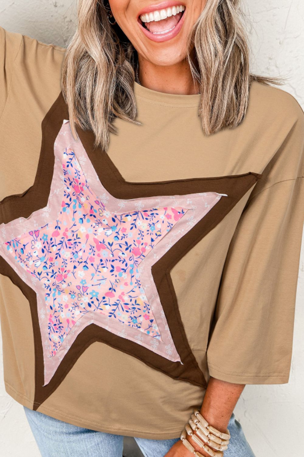 Star Applique Patch Round Neck T-Shirt-TOPS / DRESSES-[Adult]-[Female]-2022 Online Blue Zone Planet