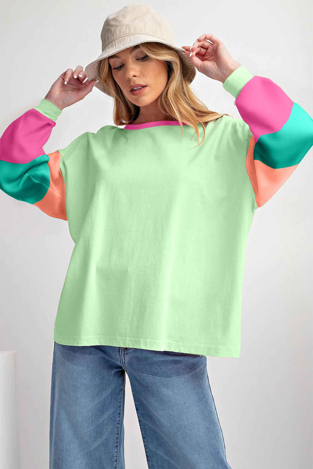 Blue Zone Planet | Green Colorblock Patchwork Long Sleeve Loose Top-TOPS / DRESSES-[Adult]-[Female]-2022 Online Blue Zone Planet