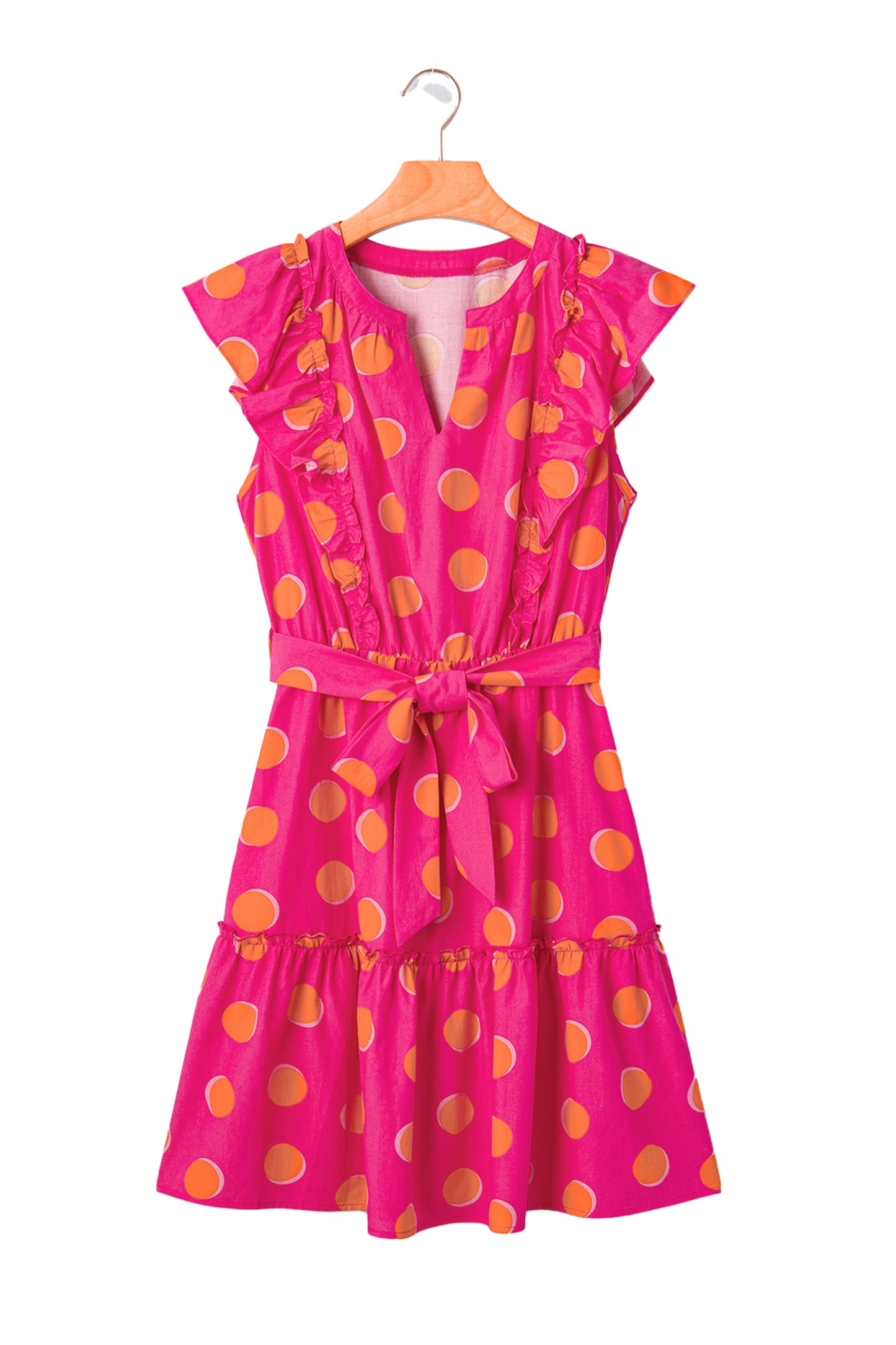 Rose Double Polka Dot V Neck Ruffled Short Sleeve Dress-TOPS / DRESSES-[Adult]-[Female]-2022 Online Blue Zone Planet