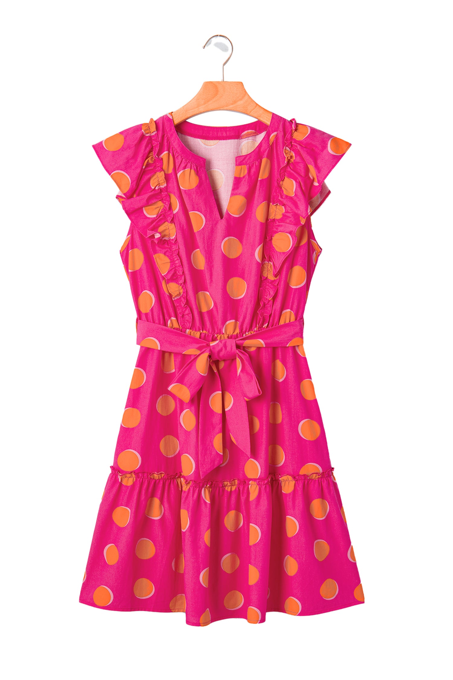 Rose Double Polka Dot V Neck Ruffled Short Sleeve Dress-TOPS / DRESSES-[Adult]-[Female]-2022 Online Blue Zone Planet