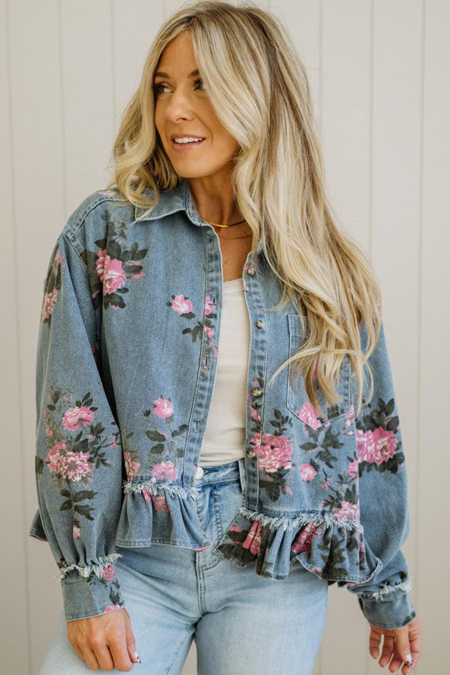 Sky Blue Floral Print Raw Seam Ruffle Hem Denim Jacket-Outerwear/Denim jackets-[Adult]-[Female]-2022 Online Blue Zone Planet