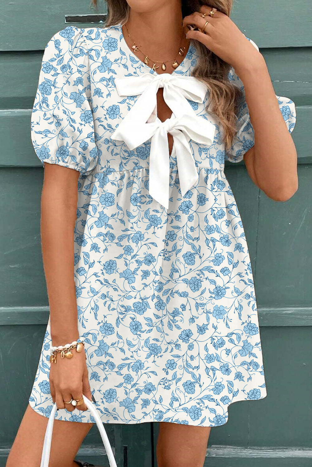Sky Blue Floral Contrast Bow Puff Sleeve Mini Dress (Warehouse Exclusive) Sky Blue / S / 100%Polyester