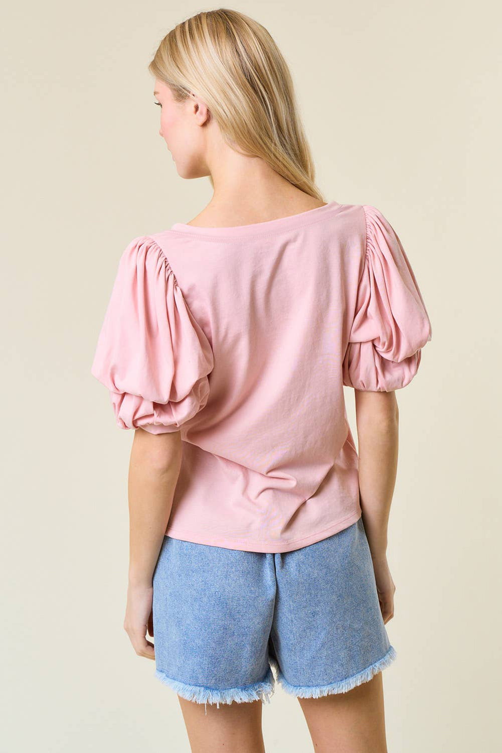 Light Pink Scoop Neck Bubble Sleeve Tee-Tops/Blouses & Shirts-[Adult]-[Female]-2022 Online Blue Zone Planet