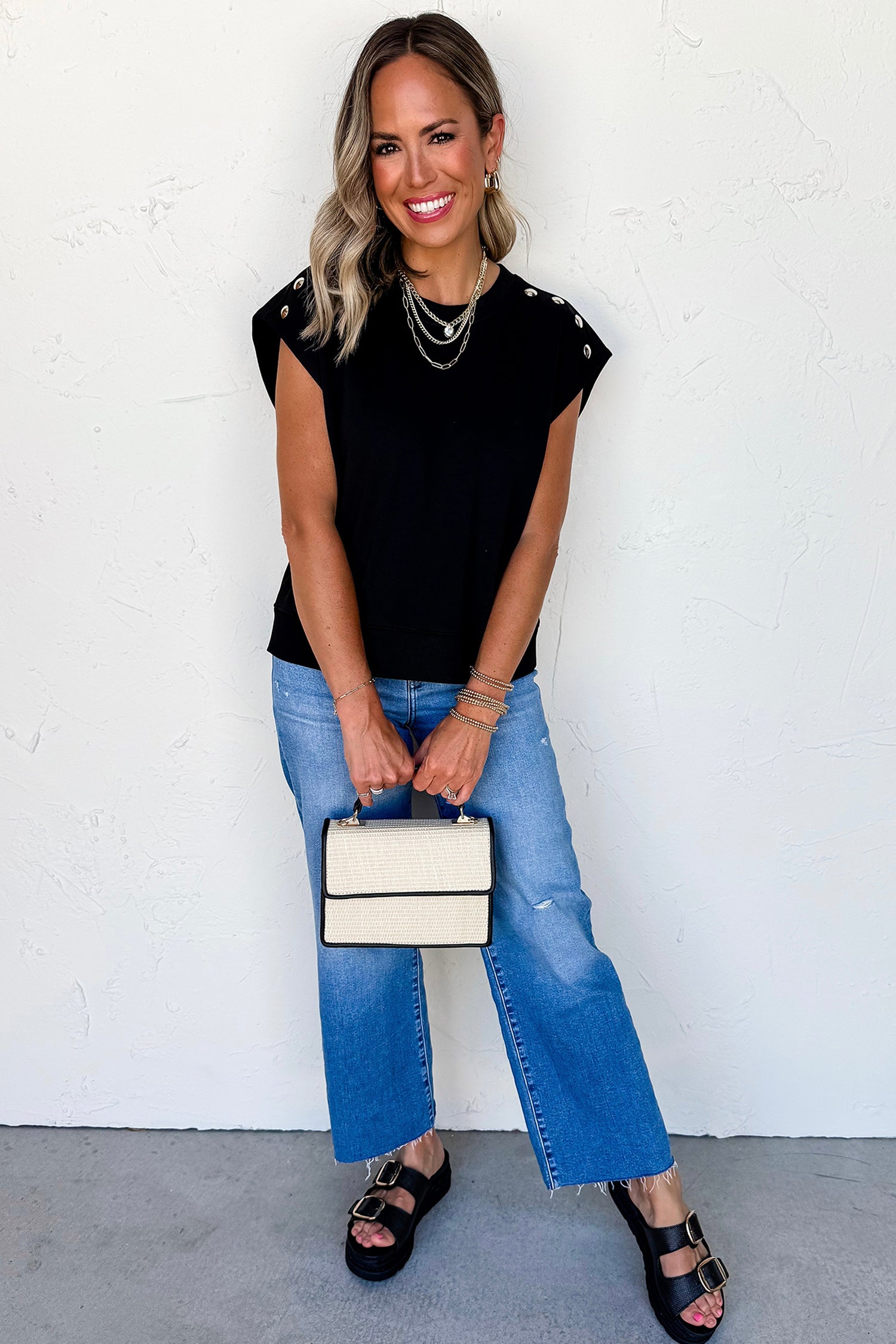 Black Casual Solid Short Sleeve Top With Metal Button Details Key Features-Tops/Tops & Tees-[Adult]-[Female]-2022 Online Blue Zone Planet