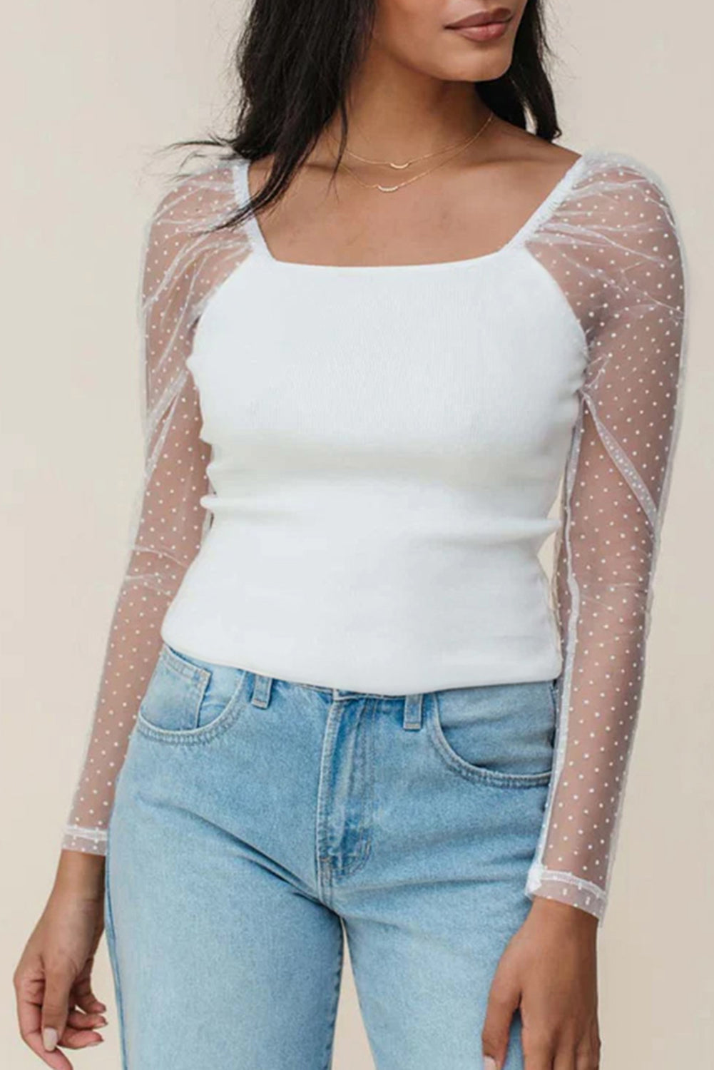 White Swiss Dot Mesh Long Sleeve Square Neck Slim Top-Tops/Long Sleeve Tops-[Adult]-[Female]-2022 Online Blue Zone Planet