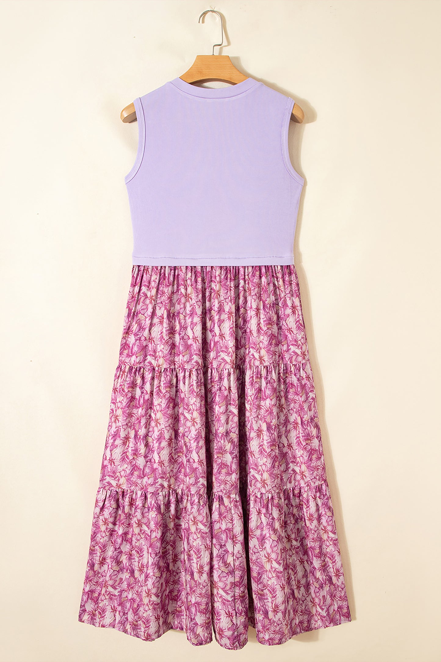 Purple Ribbed V Neck Tank Floral Contrast Patchwork Long Dress-TOPS / DRESSES-[Adult]-[Female]-2022 Online Blue Zone Planet