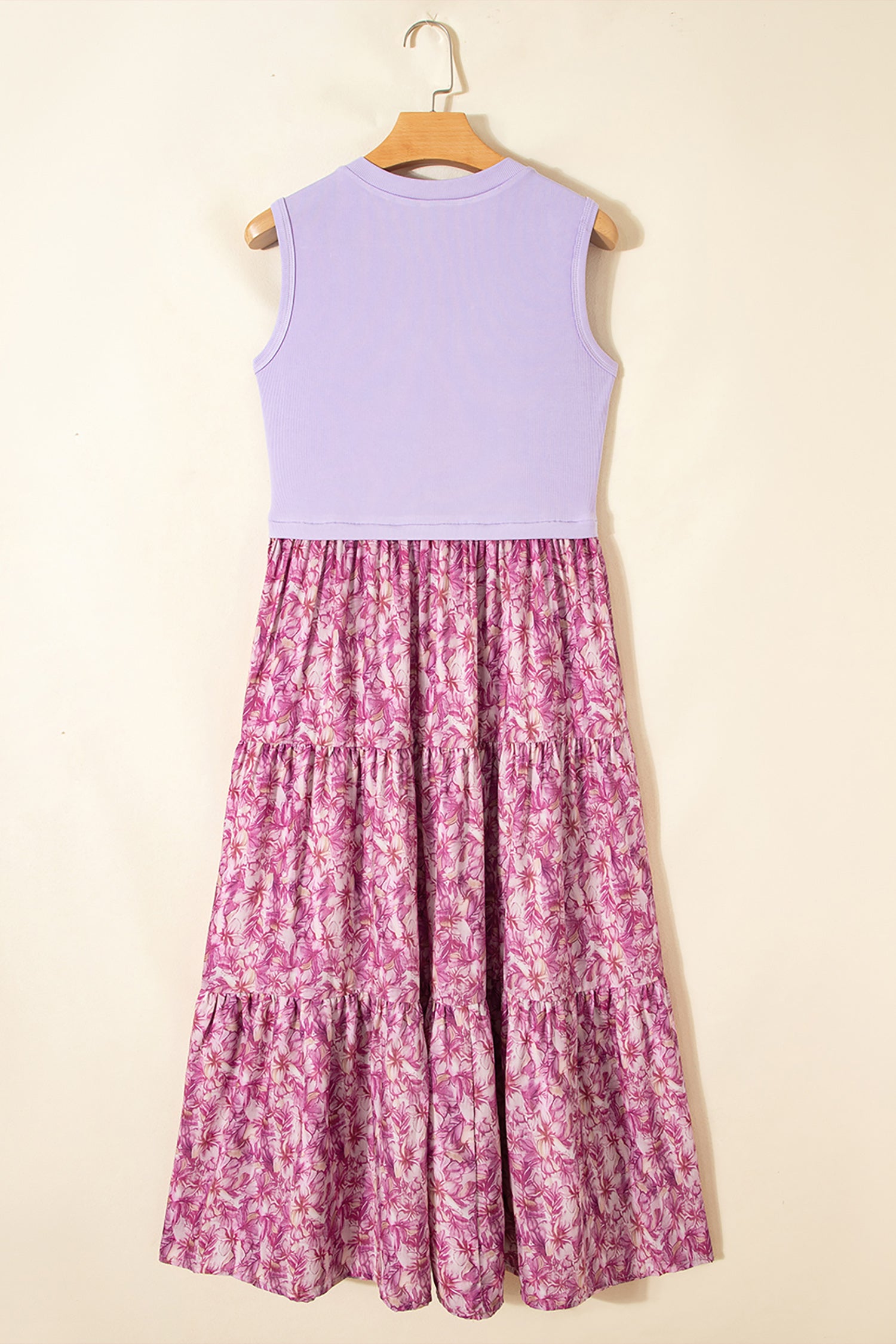 Purple Ribbed V Neck Tank Floral Contrast Patchwork Long Dress-TOPS / DRESSES-[Adult]-[Female]-2022 Online Blue Zone Planet