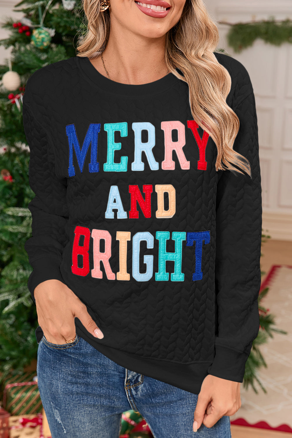 White Merry and Bright Quilted Sweatshirt-Sweatshirts & Hoodies-[Adult]-[Female]-2022 Online Blue Zone Planet