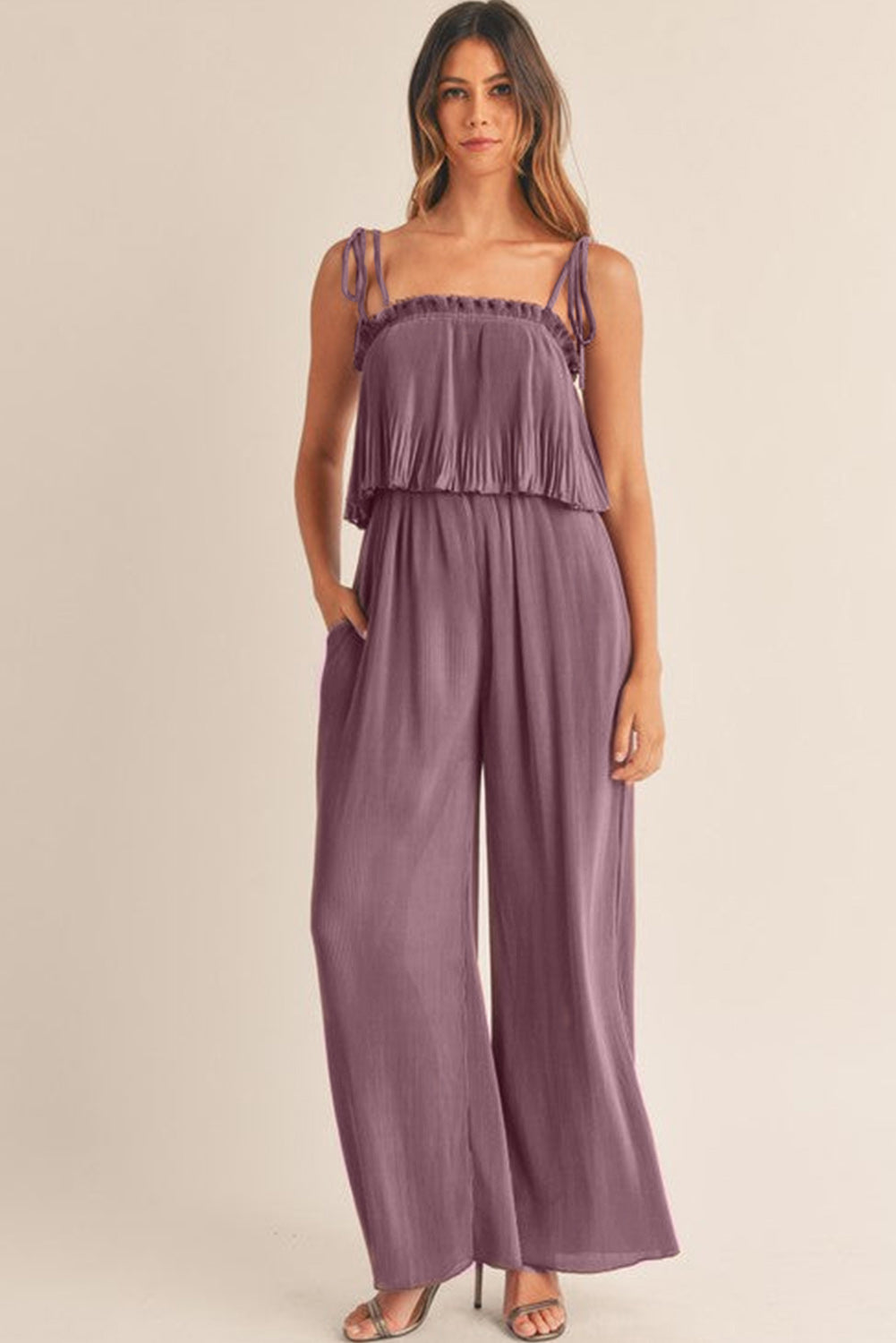 Rose Tan Solid Self Tied Straps Pleated Wide Leg Jumpsuit Blue Zone Planet