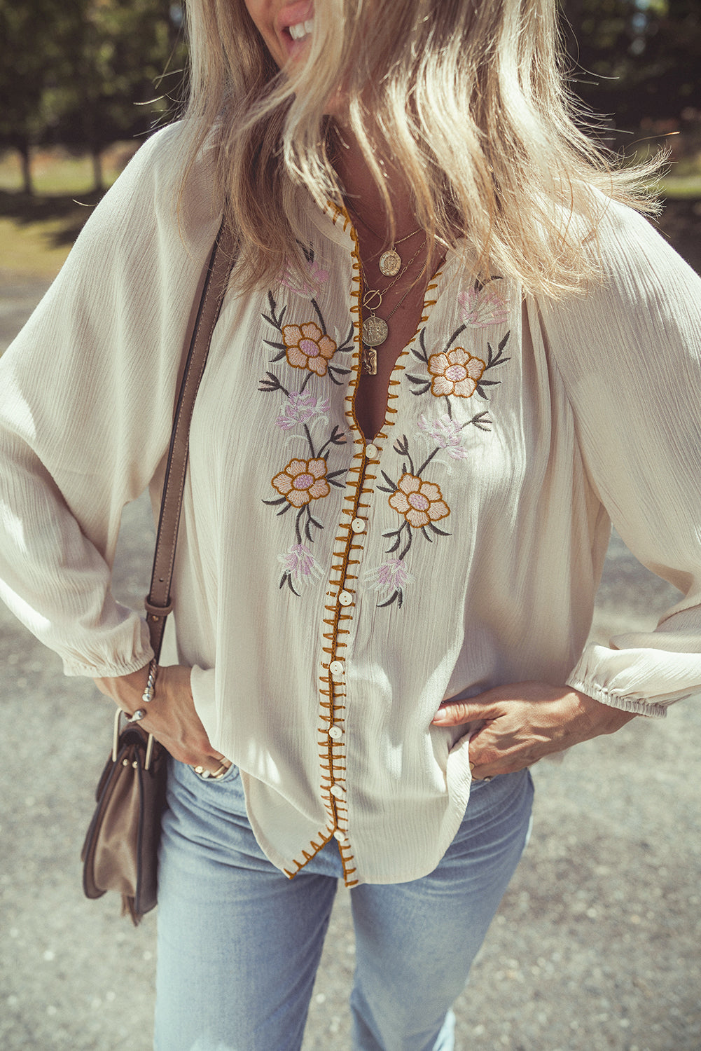 Blue Zone Planet | Beige Floral Embroidered Textured Puff Sleeve Loose Shirt-Tops/Blouses & Shirts-[Adult]-[Female]-2022 Online Blue Zone Planet