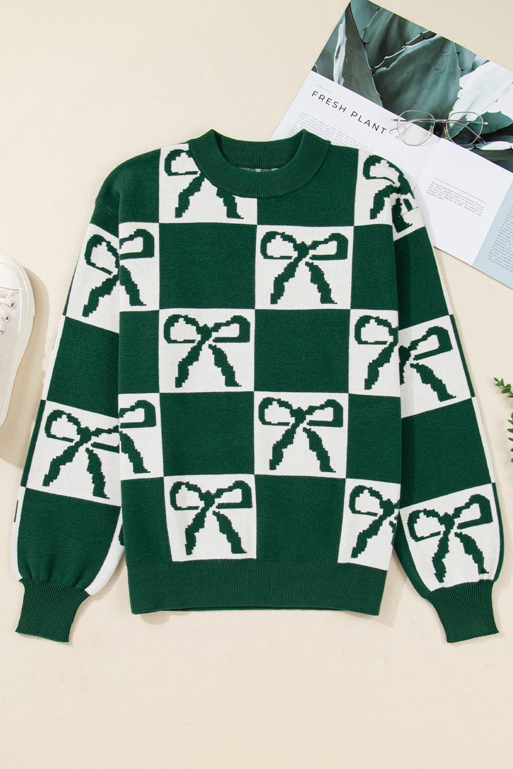Blackish Green Checkered Bow Print Casual Sweater-TOPS / DRESSES-[Adult]-[Female]-2022 Online Blue Zone Planet