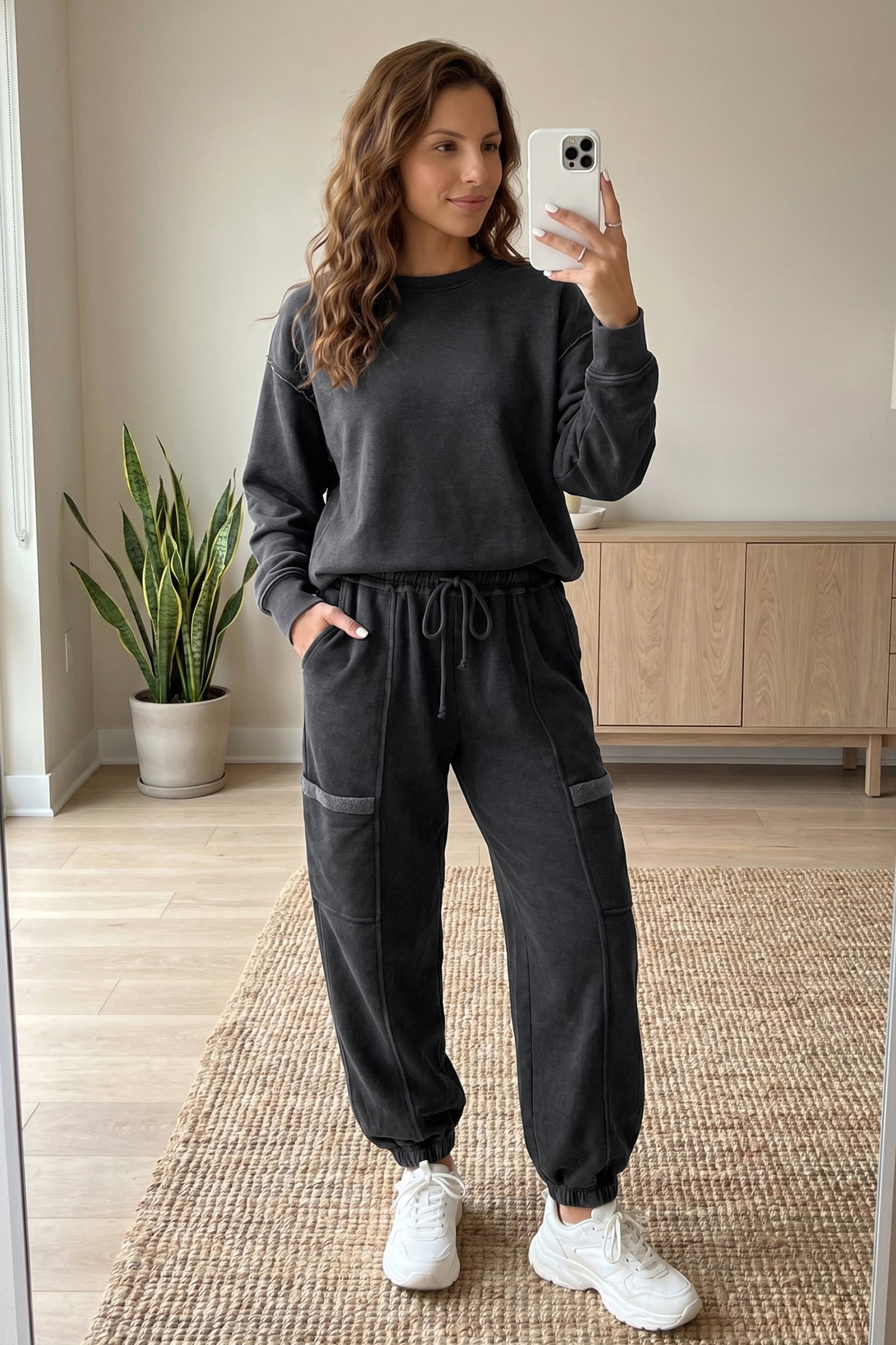 Carbon Grey Solid Colorblock Jogger Pants Set-Two Piece Sets/Pant Sets-[Adult]-[Female]-2022 Online Blue Zone Planet