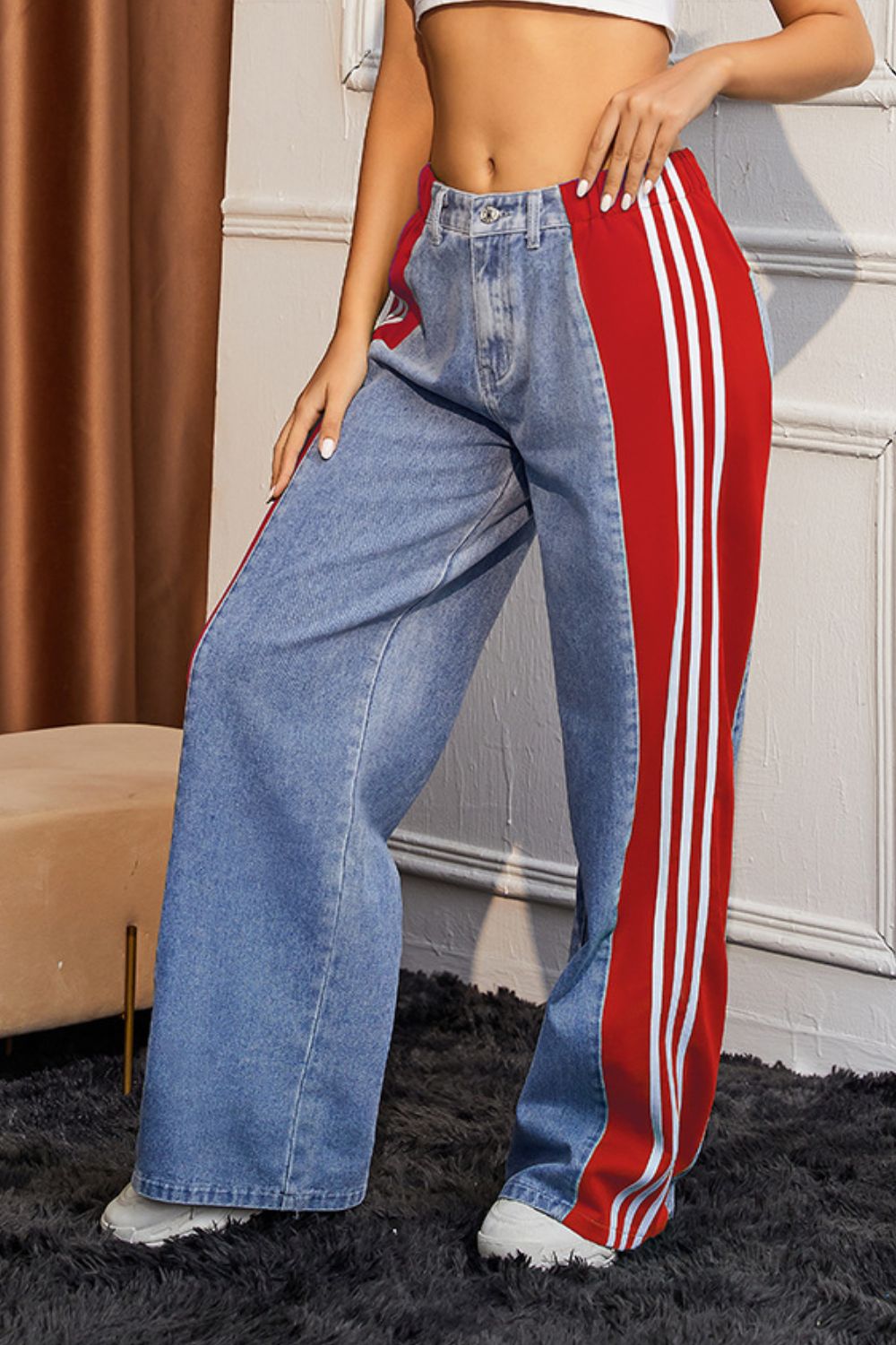 Contrast Side Striped Wide Leg Jeans-BOTTOMS SIZES SMALL MEDIUM LARGE-[Adult]-[Female]-2022 Online Blue Zone Planet