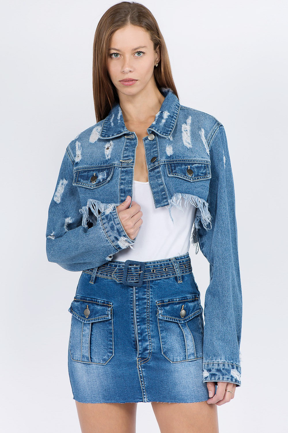 American Bazi Distressed Denim Jacket with Frayed Hem-TOPS / DRESSES-[Adult]-[Female]-Blue-S-2022 Online Blue Zone Planet