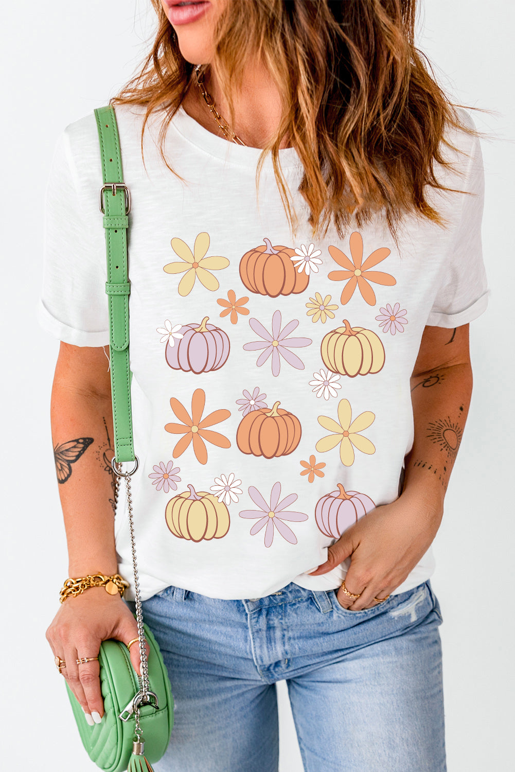 Pumpkin & Flower Round Neck Short Sleeve T-Shirt-TOPS / DRESSES-[Adult]-[Female]-2022 Online Blue Zone Planet