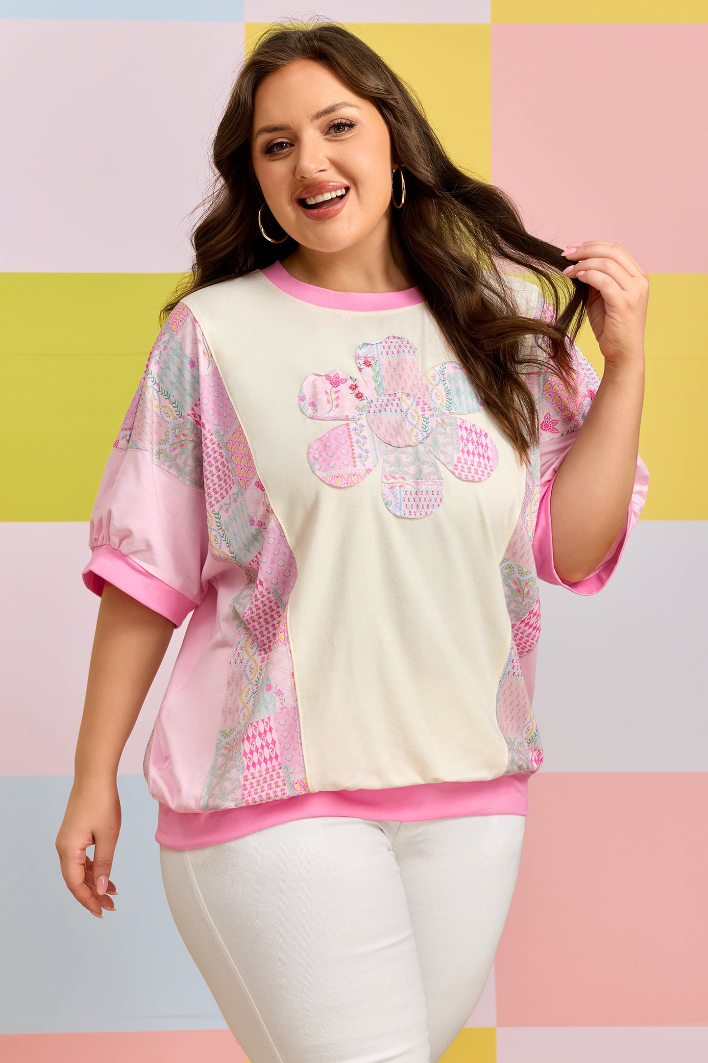 Beige Plus Size Floral Patchwork Short Sleeve Patch Embroidery Cotton T Shirt-Plus Size/Plus Size Tops/Plus Size Tops & Tees-[Adult]-[Female]-2022 Online Blue Zone Planet