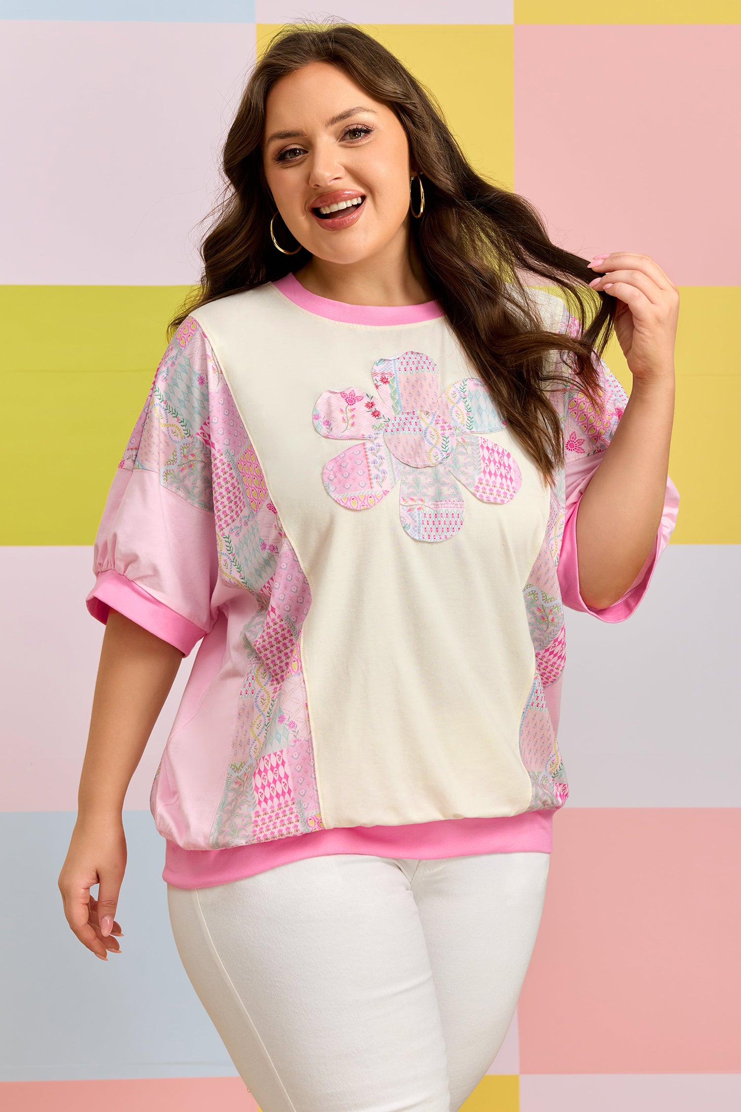 Beige Plus Size Floral Patchwork Short Sleeve Patch Embroidery Cotton T Shirt-Plus Size/Plus Size Tops/Plus Size Tops & Tees-[Adult]-[Female]-2022 Online Blue Zone Planet
